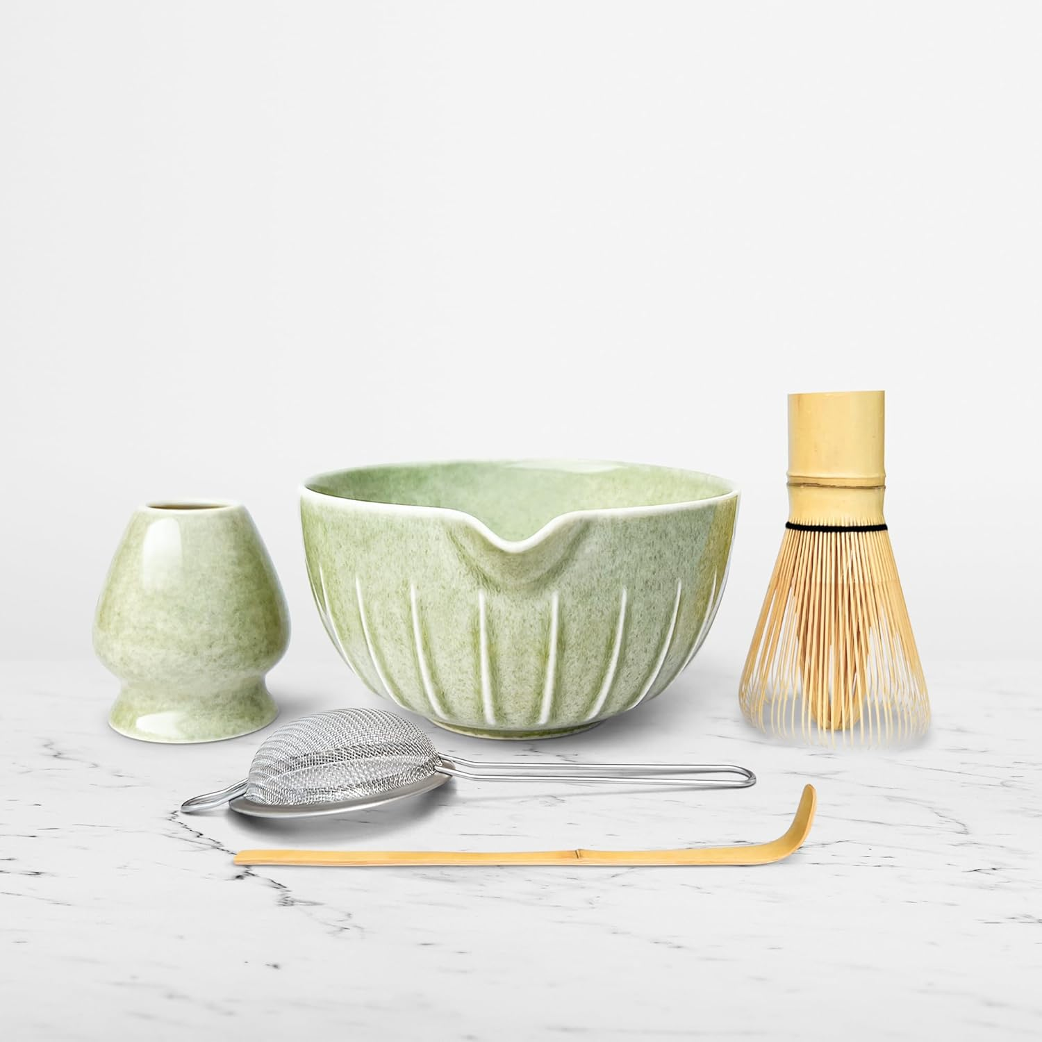 Premium 5Pcs Japanese Matcha Whisk Set &ndash; Includes 500 Ml Matcha Bowl with Spout, Bamboo Chasen Whisk, Whisk Holder, Sieve and Scoop &ndash; Elegant Mottled Green Glaze with Vertical Pattern