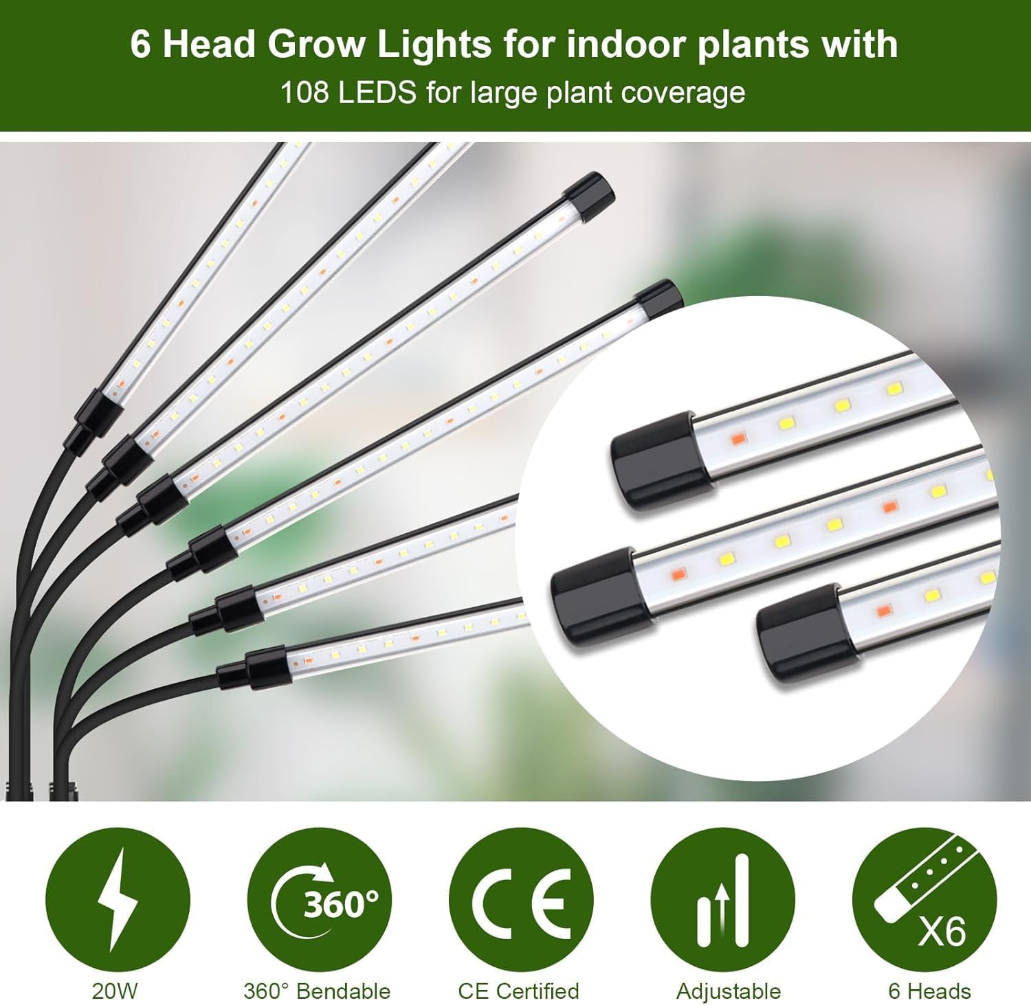 YIKEDAN Grow Lights for Indoor Plants, 108 Leds Plant Grow Light Indoor, 20W Full Spectrum Grow Light with 360&deg; Gooseneck, 6 Heads Grow Lamp for Plants Seedling