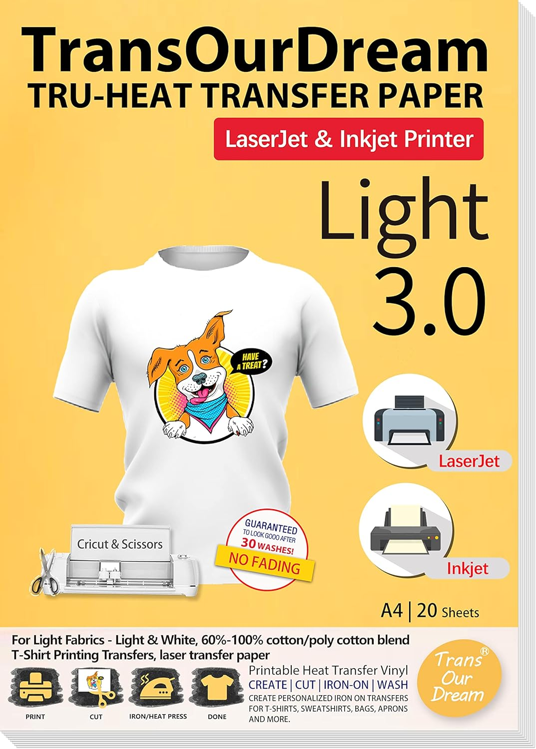 Transourdream Iron on Heat Transfer Paper for Light T Shirts (10 Sheets A4, Light 3.0) Printable HTV Heat Transfer Vinyl for Inkjet & Laserjet Printer Iron on Transfers for T Shirts (TRANS-L3-10)