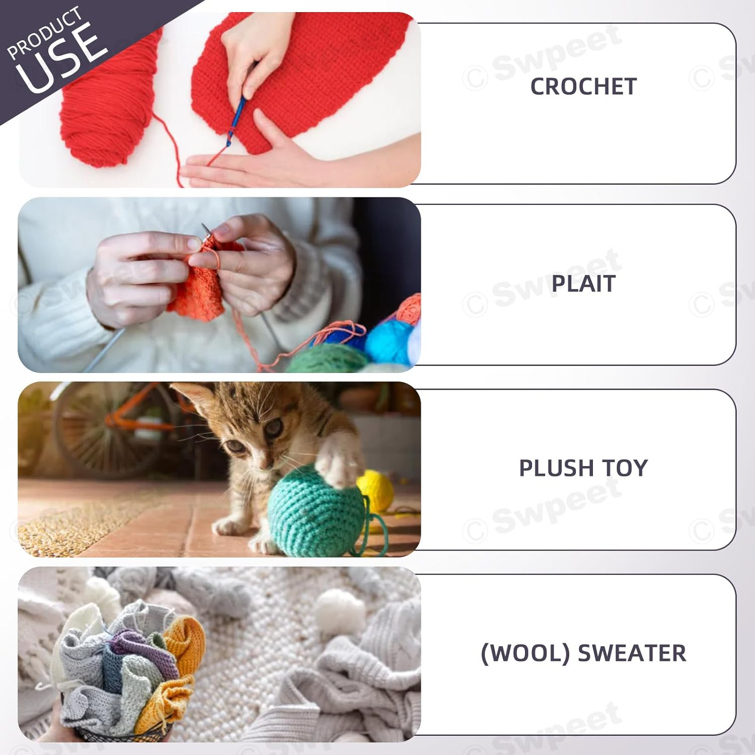 Swpeet 51Pcs Crochet Yarn Kit, Including 32Pcs Multicolor Acrylic Yarn Skeins, 10Pcs Stitch Markers, 6Pcs Plastic Knitting Needle, 2Pcs Crochet Hooks and 1Pc Bag for Crocheting and Knitting