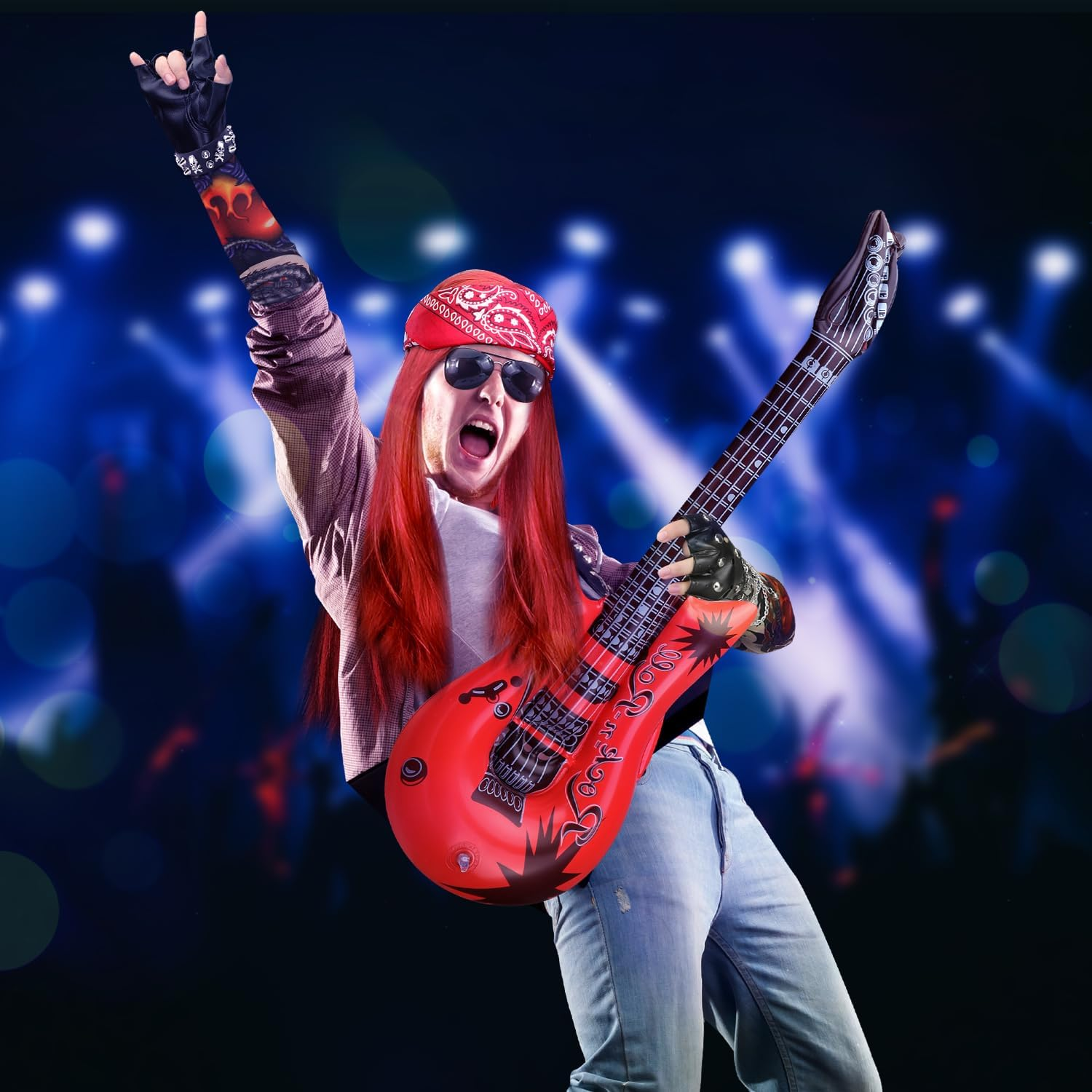 AUTOWT 1970S Rockstar Hippie Costume Accessories - 60S 70S 80S Metal Rock Band Punk Costume Set with Wig, Bandana, Sunglasses,Tattoo Sleeves, Gloves, Wrist Chains, Guitar, Men Women Woodstock Outfits image number 4