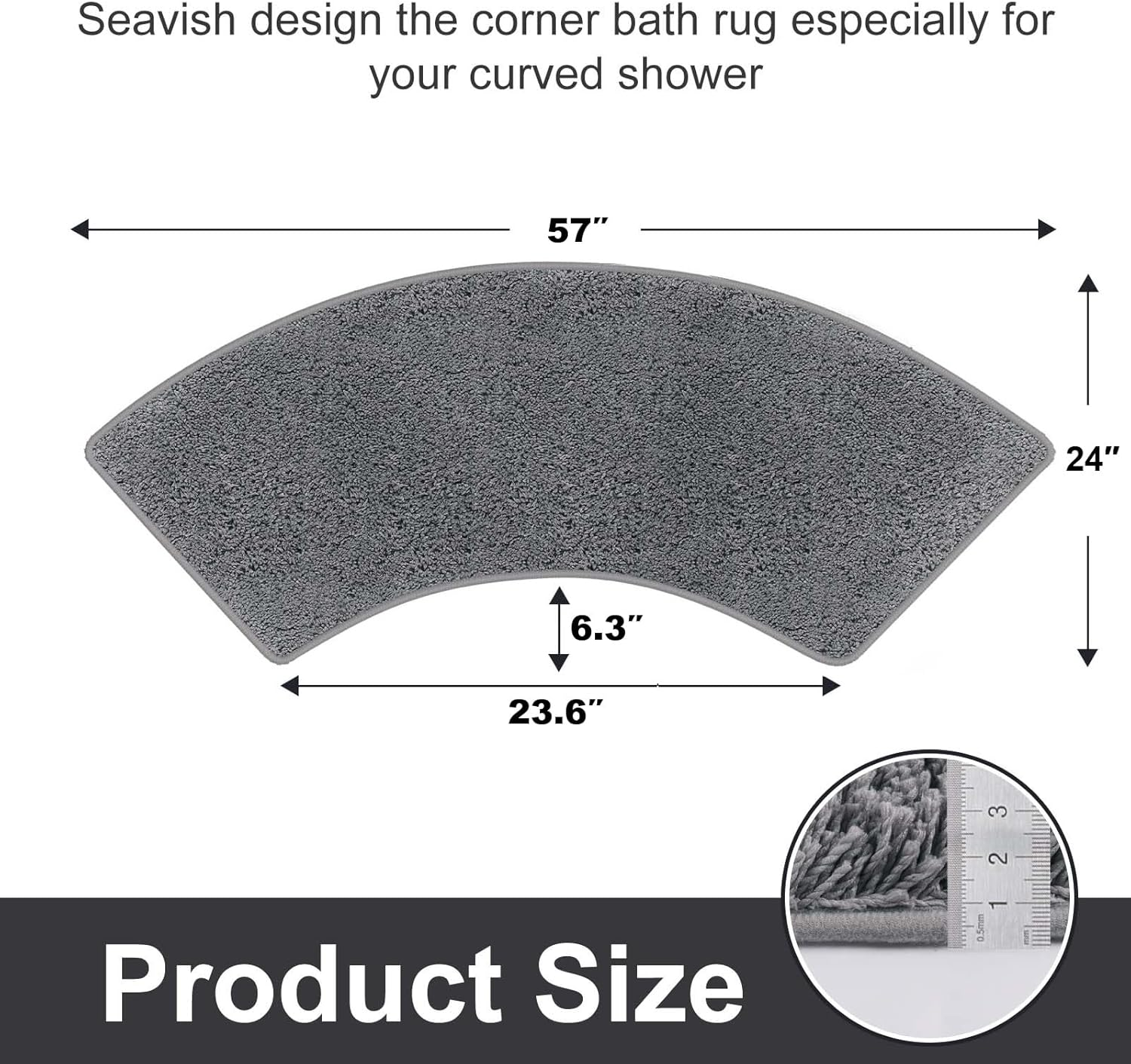 Seavish Luxury Grey Shag Curved Bath Rug, 18 X 57 Inch Non Slip Microfiber Soft Absorbent Fanned Shower Mats Washable Bathroom Rug Corner Bath Tub Floor Carpet for Quadrant Shower Stall