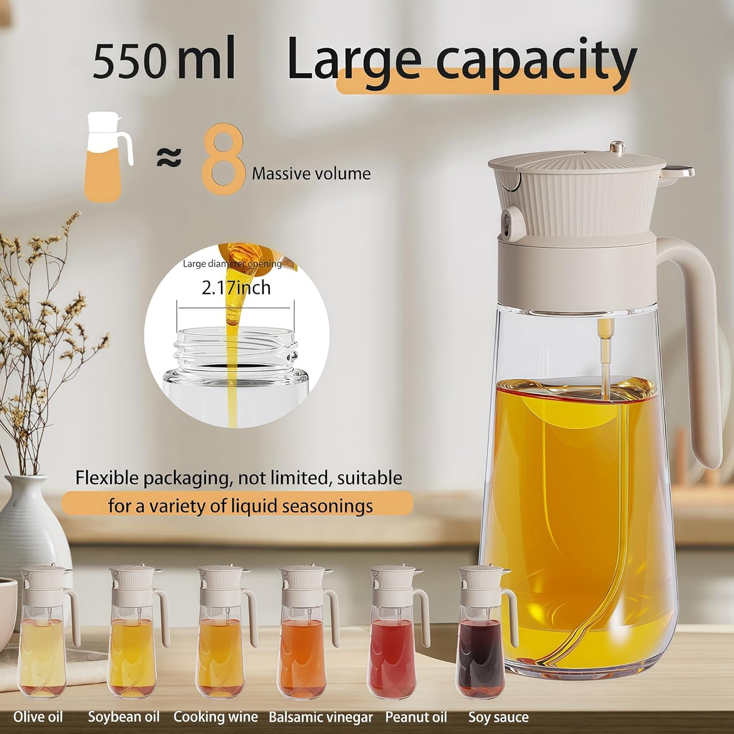 Olive Oil Spray Bottle Dispenser，2-In-1 Glass Material Kitchen Cooking Oil Sprayer，18.6 Oz/550 Ml Cooking Spray, Glass Spray Bottle with Tipper, Food Grade Spray for Kitchen, Salad, Frying, Barbecue image number 2