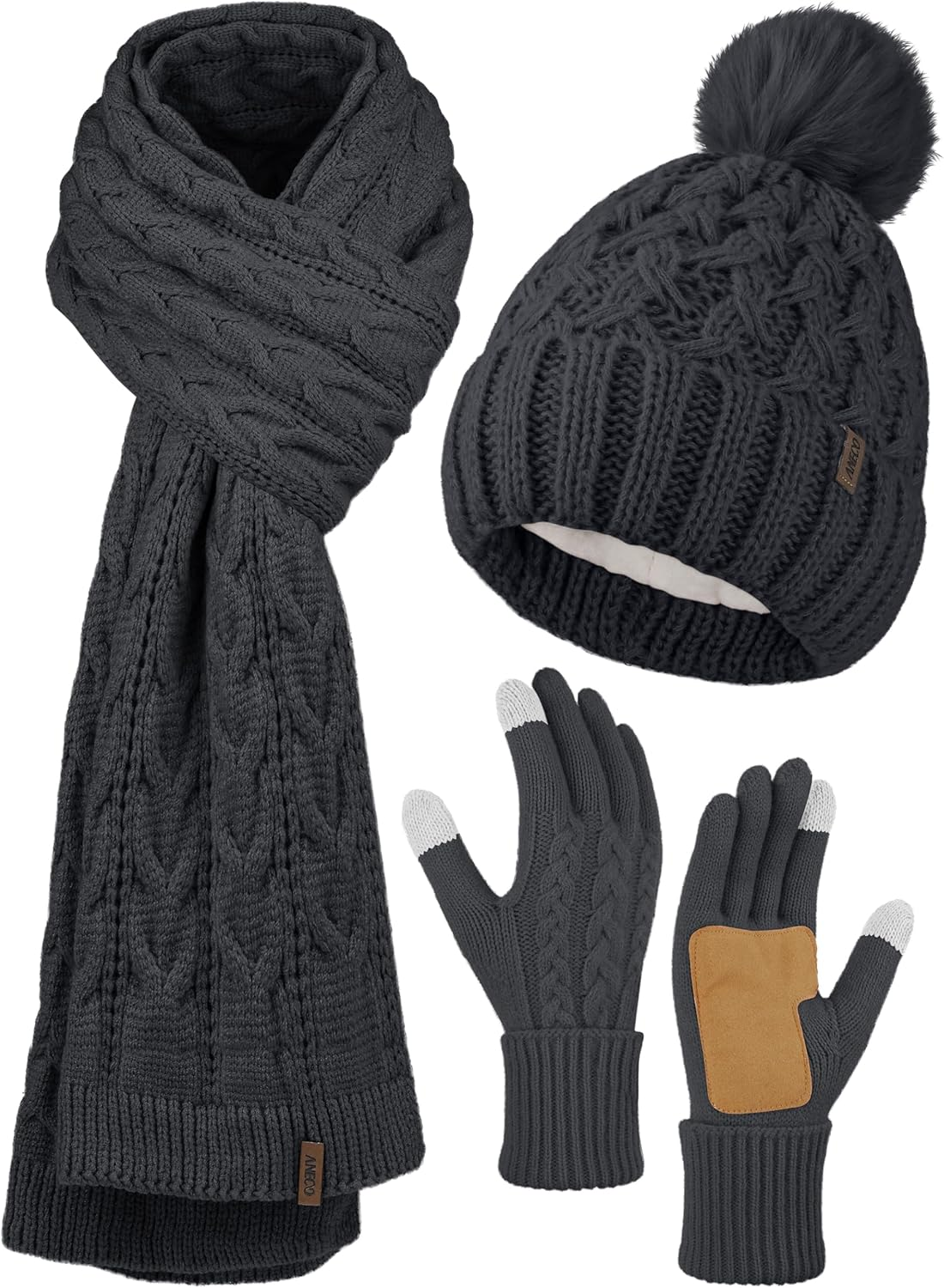 Aneco Women Winter Touchscreen Gloves Scarf Beanie Hat with Pom Pom Fleece Lined Set Thick Warm Knit Cap 3-In-1 Set