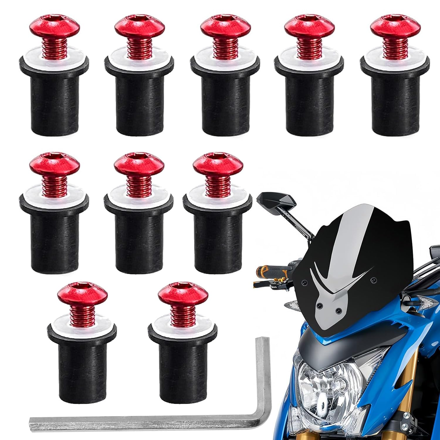 Xinghonyac 10 Pcs Motorcycle Windshield Bolts Screws Kit, Windshield Body Mounting Bolts Nuts for Motorcycle, Aluminum Motorbike Windscreen Screw Bolts Nuts Fastener Kit with Wrench (Black)