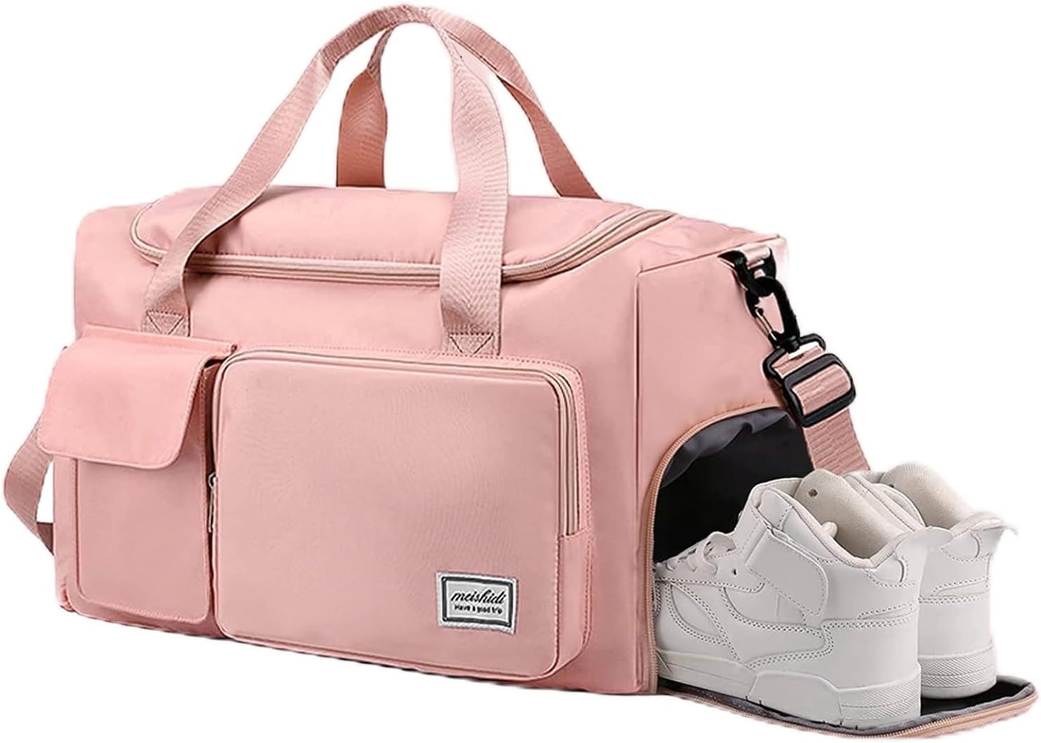 Sports Gym Bag for Women Men,Travel Duffel Bag with Shoes Compartment,Waterproof Weekend Travel Bag Overnight Bag with Trolley Sleeve, Carry Luggage Bag for Weekender,Sports, Gym,Travel (Pink) image number 5