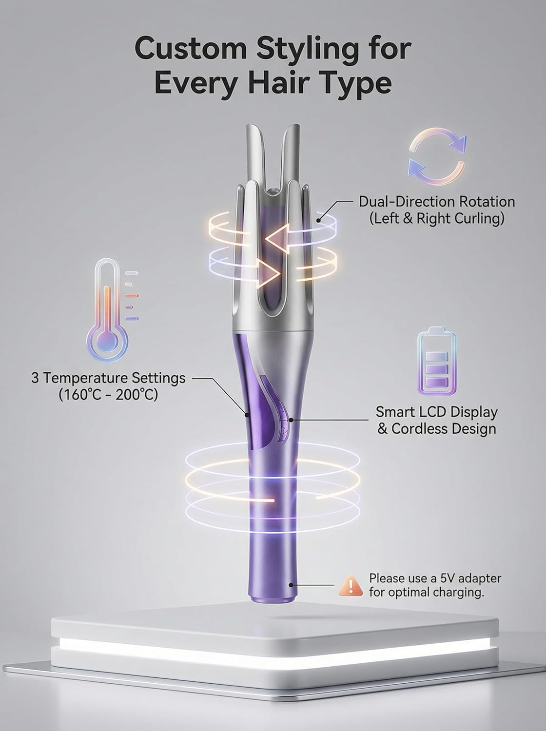 Cordless Automatic Hair Curler, 32Mm Rechargeable Rotating Curling Iron for Effortless Curls, 30S Fast Heat-Up with 3 Temp Settings & Anti-Tangle Tech (Gradient Purple) image number 3