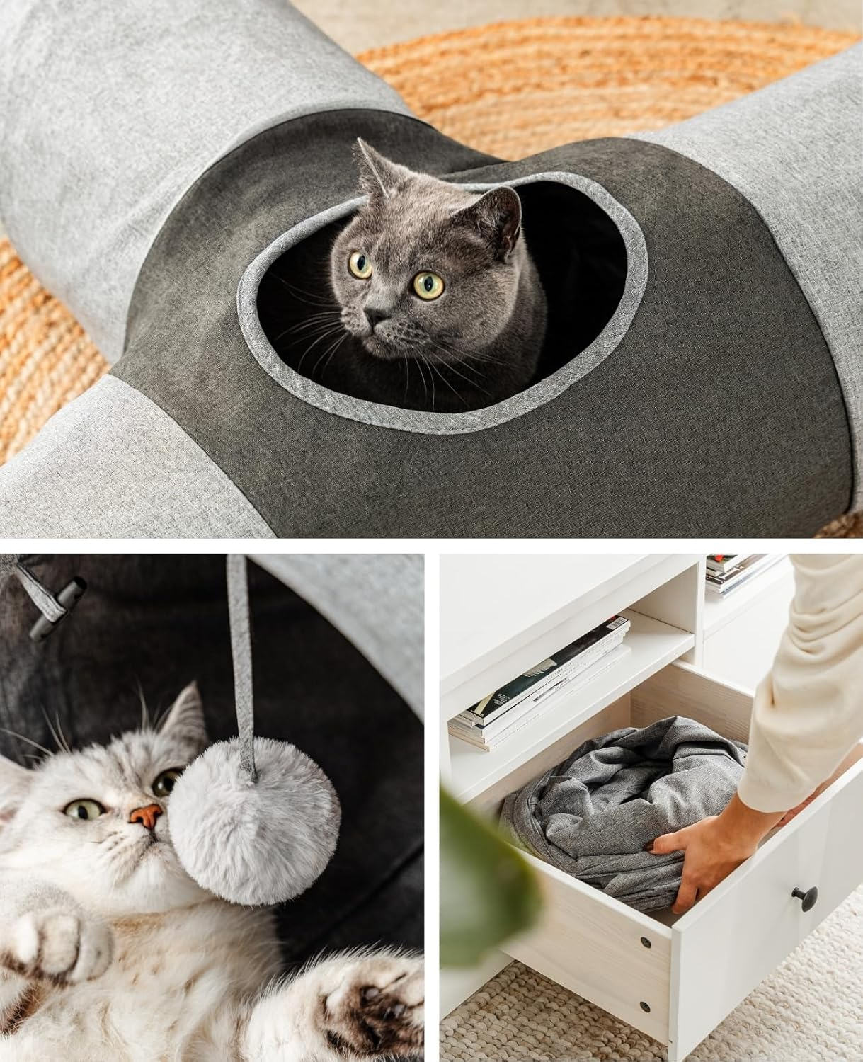 Lionto 3-Way Cat Tunnel with Play Ball, 30 X 120 X 80 Cm, Foldable Expandable Play Tunnel Made of Easy-Care Faux Linen Material for Cats, Robust Cat Toy, 30 Cm Diameter