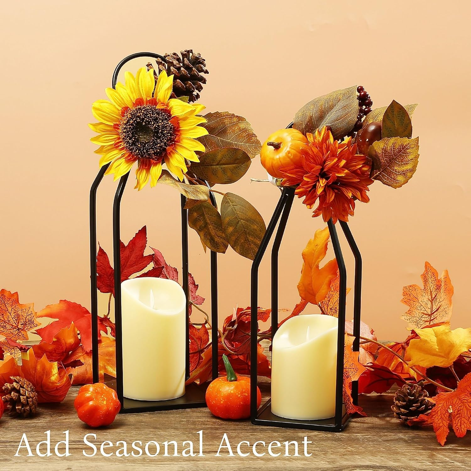 Perfnique Modern Farmhouse Lantern Decor, 39Cm X 11Cm Set of 2 Metal Lanterns, 2 LED 6Hr Timer Flickering Flameless Candles, Lanterns Decorative for Outdoor Decor, Home, Indoor, Patio (Black)