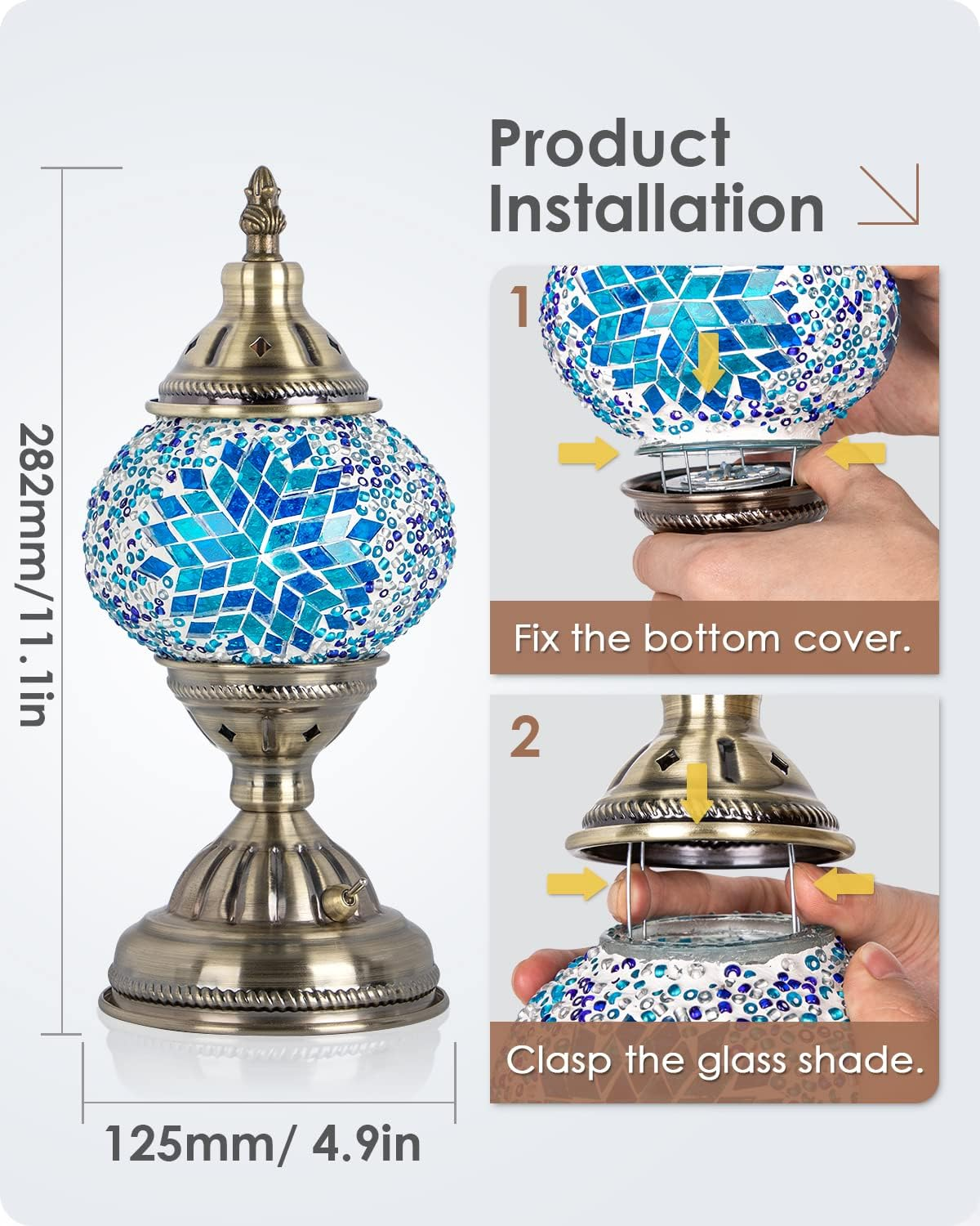 Yarra-Decor Turkish Moroccan Lamp with Bronze Base Handmade Tiffany Mosaic Glass Lamps Portable Bedside Rechargeable Battery 2000Mah (LED Bulb Included)(2) Blue2