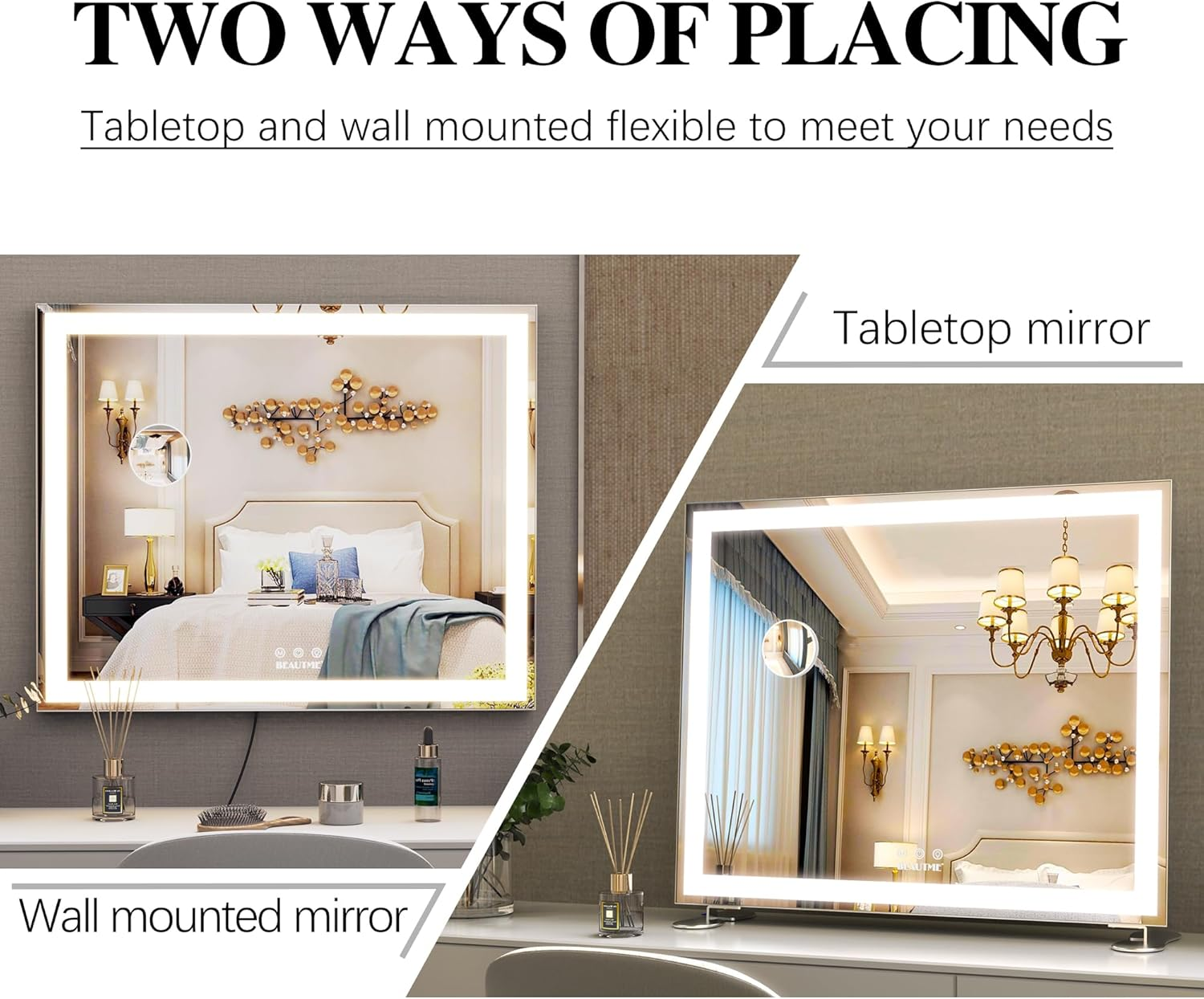 Hollywood Makeup Mirror with LED Lights, Large Lighted Vanity Dressing Table Mirror, Desktop or Wall Mounted Mirror for Bedroom, Smart Touch Screen, with 10X Magnification, 60 * 50.7Cm, Silver image number 5