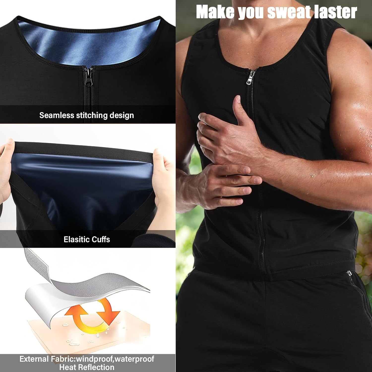 Men'S Sauna Vest with Zipper, PU Milk Silk Sweat Suit, Triples Sweating Boost Calorie Burn Sweat Suits for Weight Loss, Ideal for Fitness - Oriented Men (2XL/3XL) image number 6