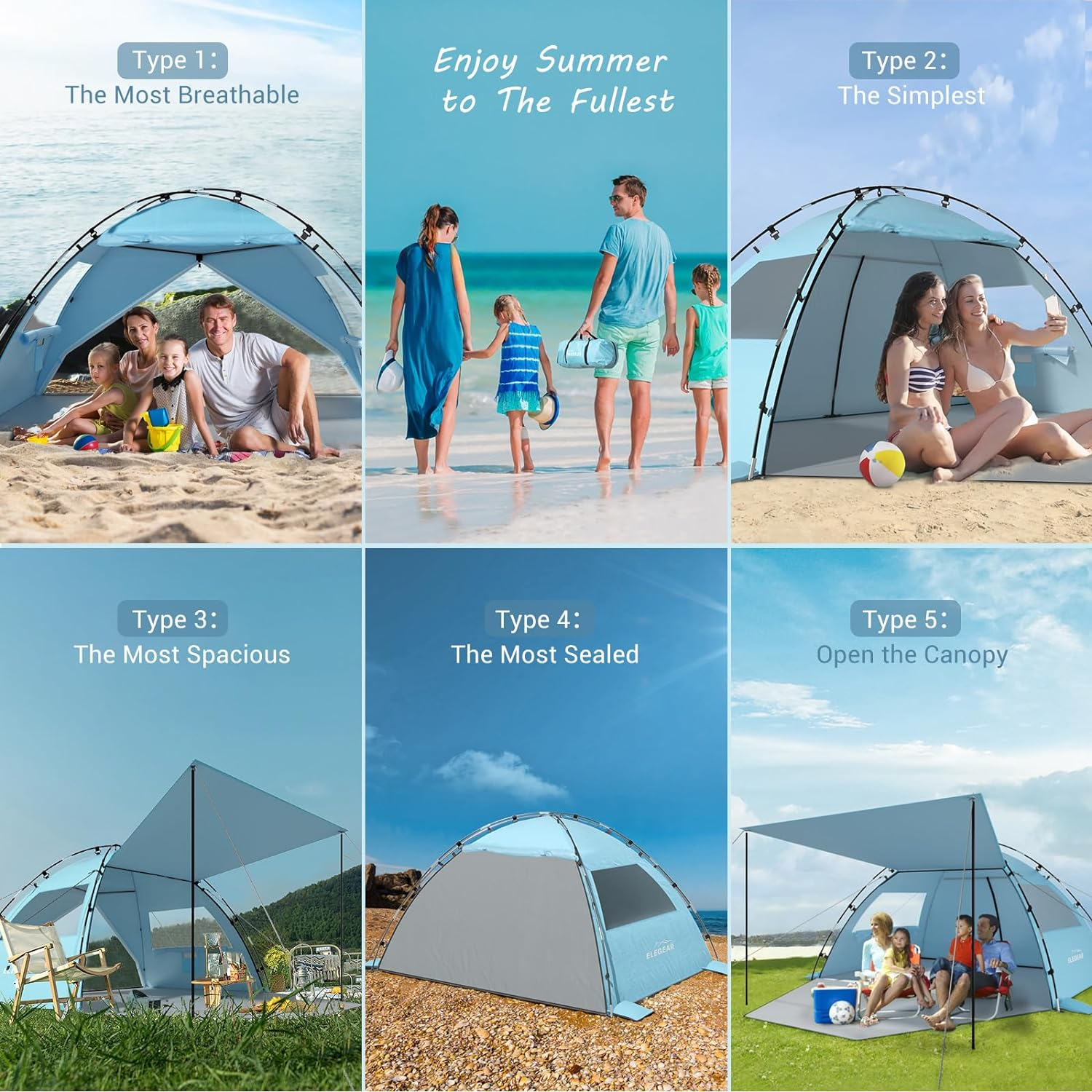 Elegear Beach Tent with 360&deg; Removable Canopy, 4-6 Person Pop up Sun Shade Shelter, UPF 50+ Automated Installation Double Silver Coating Portable Lightweight Beach Cabana for Beach/Camping/Outdoor