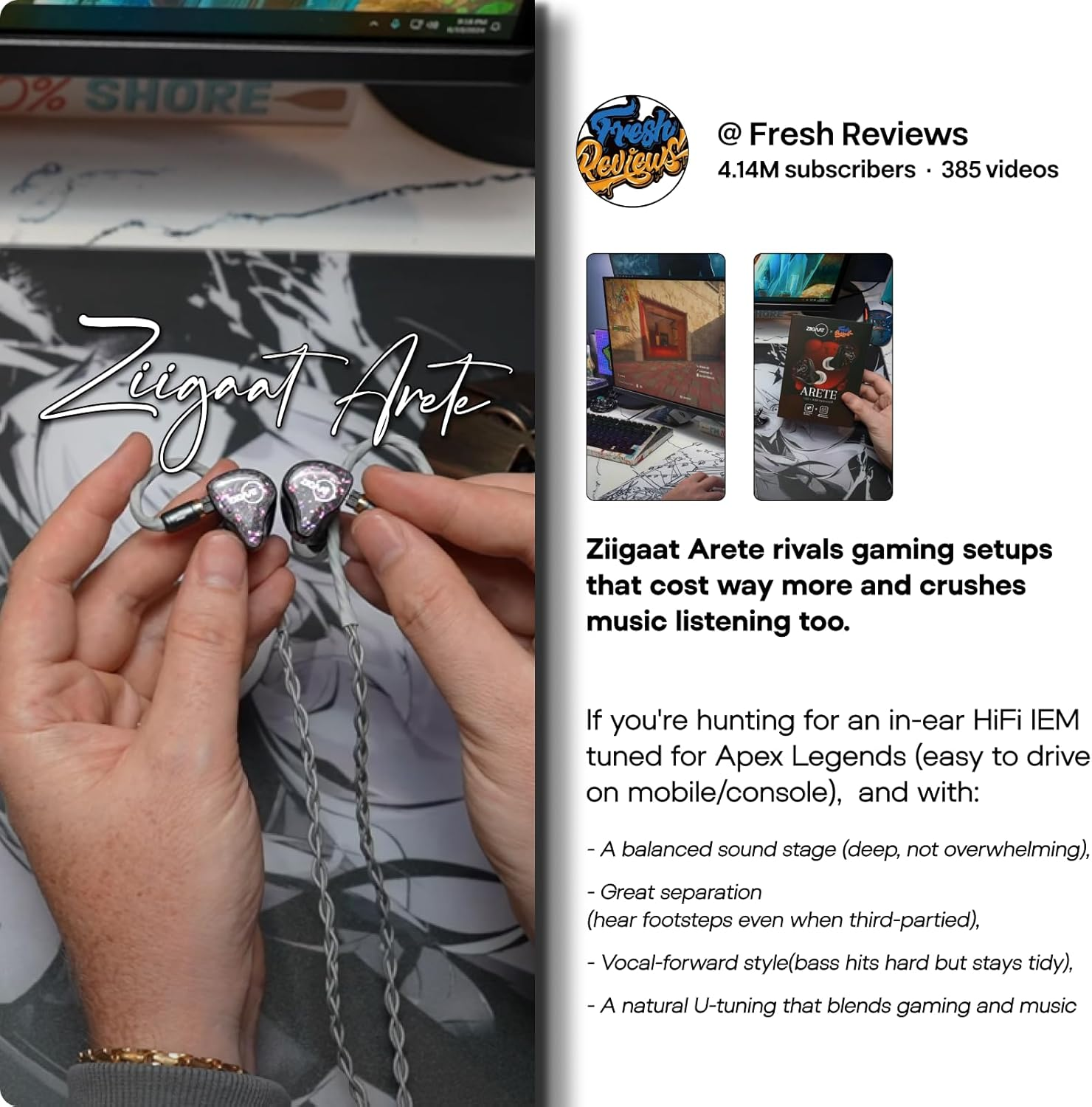 Ziigaat X Fresh Reviews Arete in Ear Monitor, 1DD+4BA Hybrid Earphone IEM, Wired Gaming Earbuds, Studio Monitor Tunning, with Detachable IEM Cable for Musician Audiophile (White) image number 3