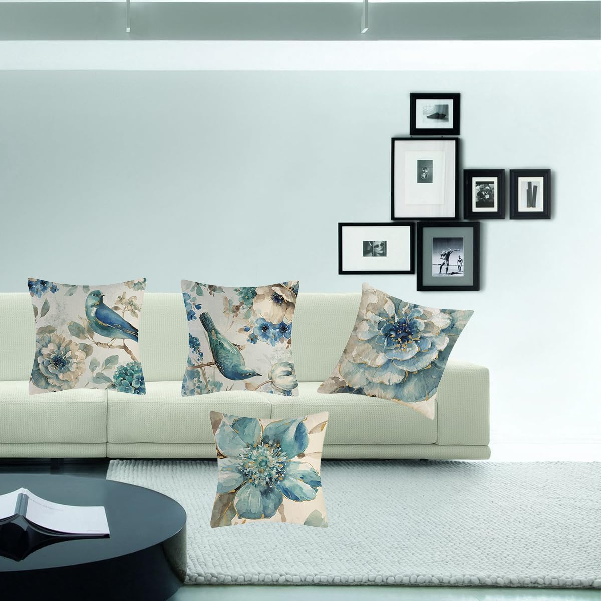Decorative Throw Pillow Covers Set of 4, 18X18 Inch Square Cushion Covers Decoration Pillowcases Linen Cushion Case for Sofa Patio Living Room Couch Home (Flower and Bird, 45X45Cm/18X18Inch/4Pcs) image number 2