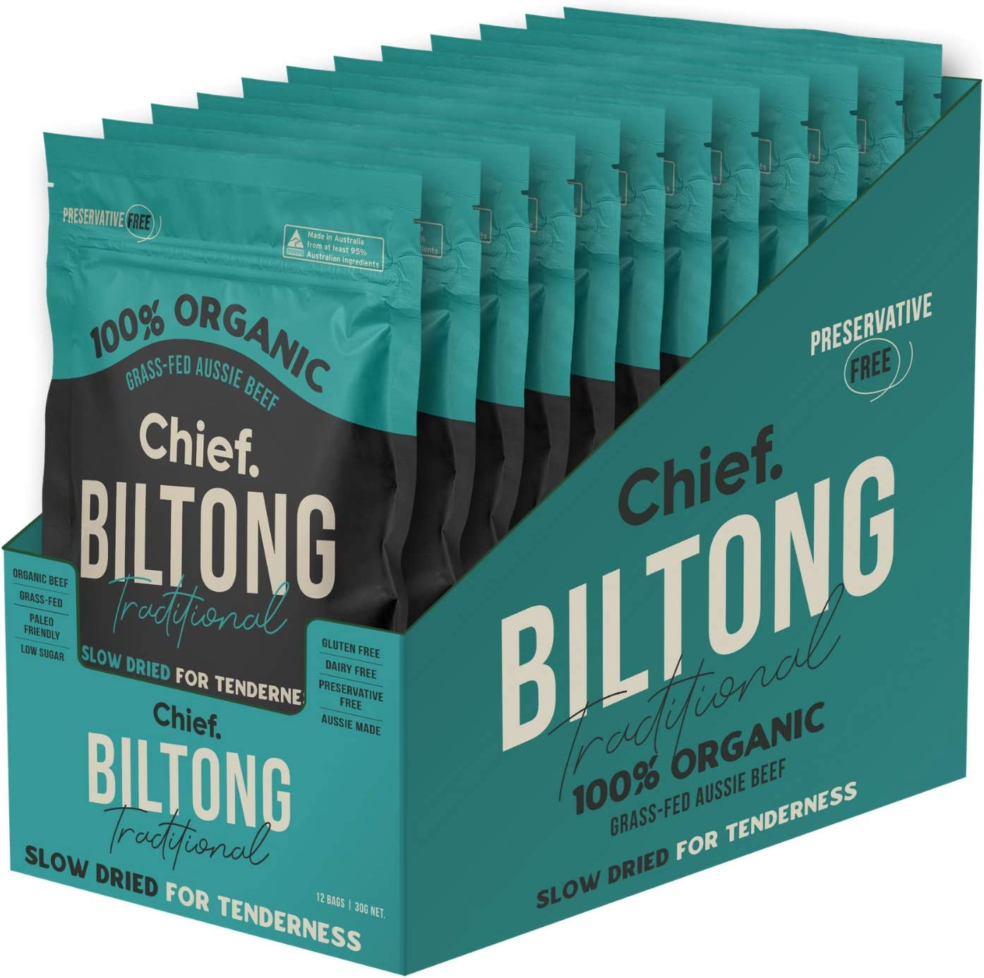 CHIEF Traditional Beef Biltong (12 X 30G Bags) | 100% Organic Grass-Fed Aussie Beef, Paleo Friendly, Gluten Free, Dairy Free, Nut Free, Low Sugar image number 1