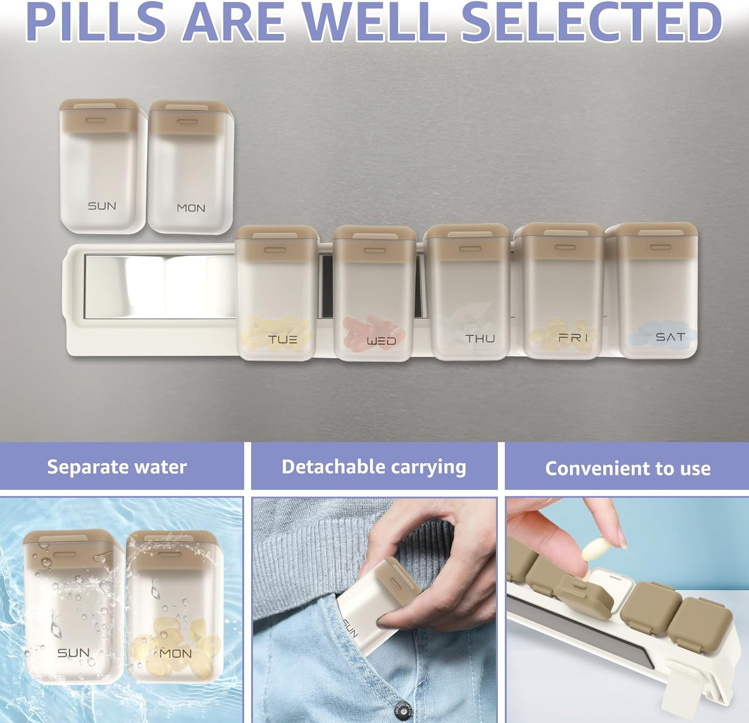 Weekly Pill Organizer with Sealed Lid, Magnetic Weekly Pill Dispenser Box for Fridge, Plastic Removable Large Capacity Pill Case for Supplement Vitamins Fish Oil (Grey) image number 6