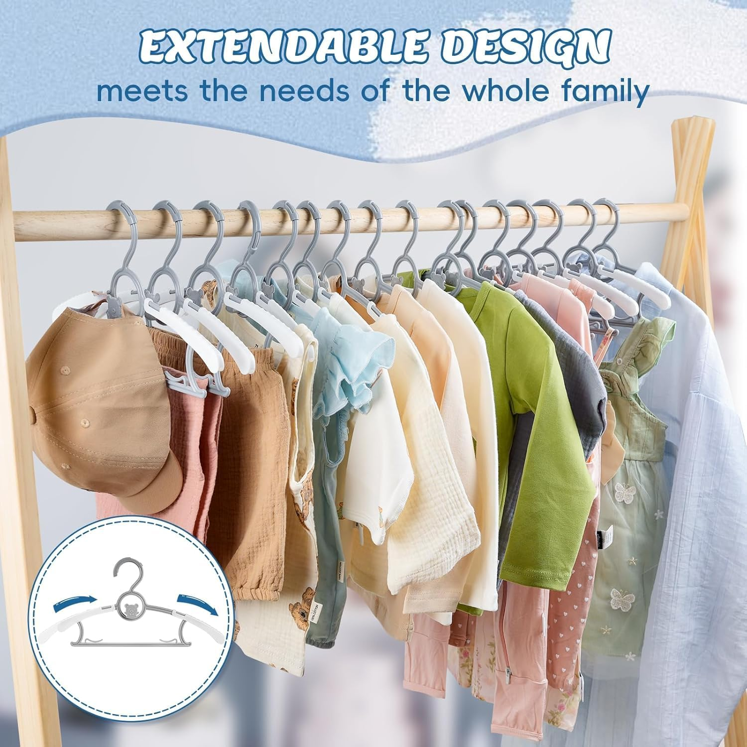 Kids Hangers 80 Pack Baby Hangers, Extendable & Adjustable Kid Hangers， Non-Slip Plastic Baby Clothes Hangers for Kids Infant Child - Stackable Hangers for Baby Clothes Grey Toddler Hangers (80 Pack) image number 2