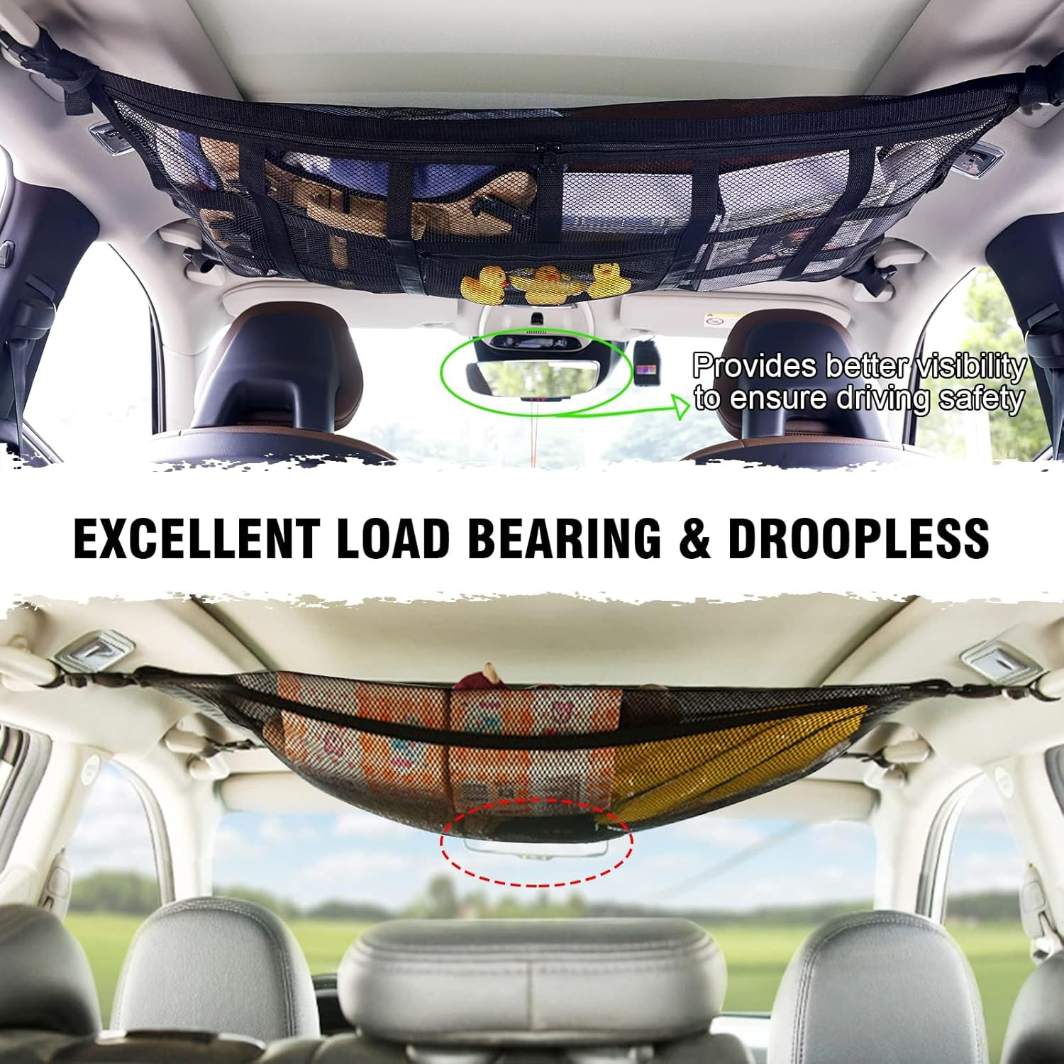 Ceiling Storage Net,Retrosohoo Upgraded Car Ceiling Cargo Net Pocket, 35.4 Inches &times; 25.6 Inches .Strengthen Load-Bearing Adjustable Double-Layer Mesh Car Roof Organizer for SUV Long Trip Camping image number 3