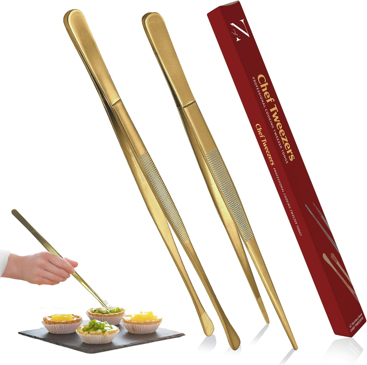 Namre' Tweezer Tongs for Cooking -Plating - 2 Pack Stainless Steel Cooking Tongs - Thin Chopstick Precise & Strong Chef Tweezers for Food & Small Objects - 12 Inch - (Gold)