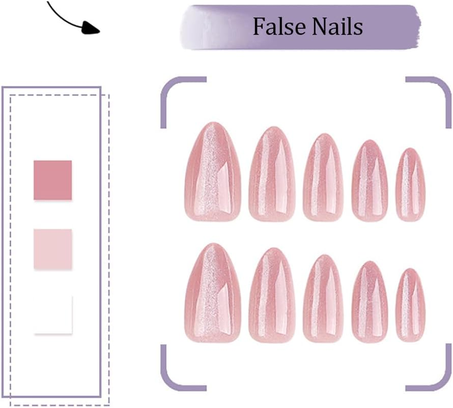 24 PCS Almond Glitter Press on Nails Pink Cat Eyes False Nails Glossy Medium Fake Nails Full Cover Stick on Nails for Women and Girls image number 5