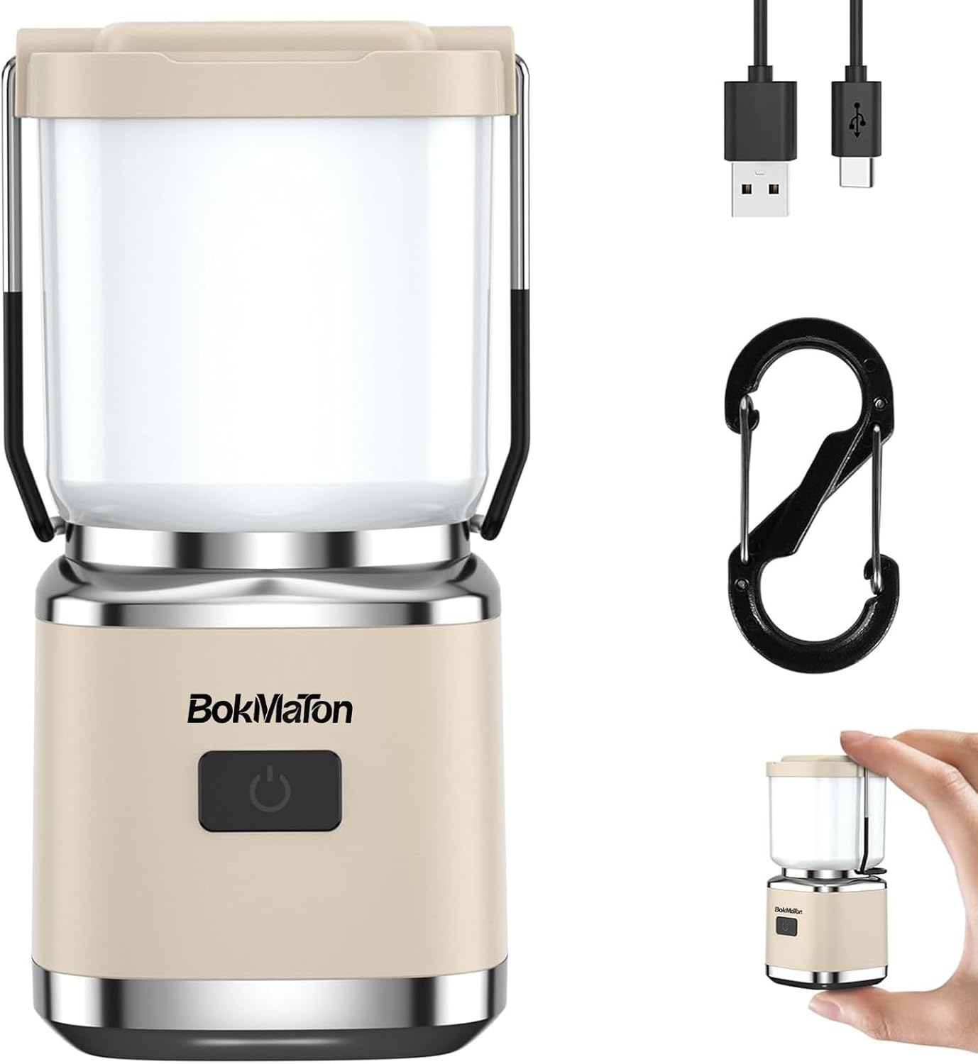 Bokmaton Portable Camping Lantern Rechargeable -4Inch, 400Lm LED Camping Lights Lantern &6Hours Runtime& Stepless Dimming, Emergency Lights for Power Outages, Waterproof Camping Lamp (Cream White)