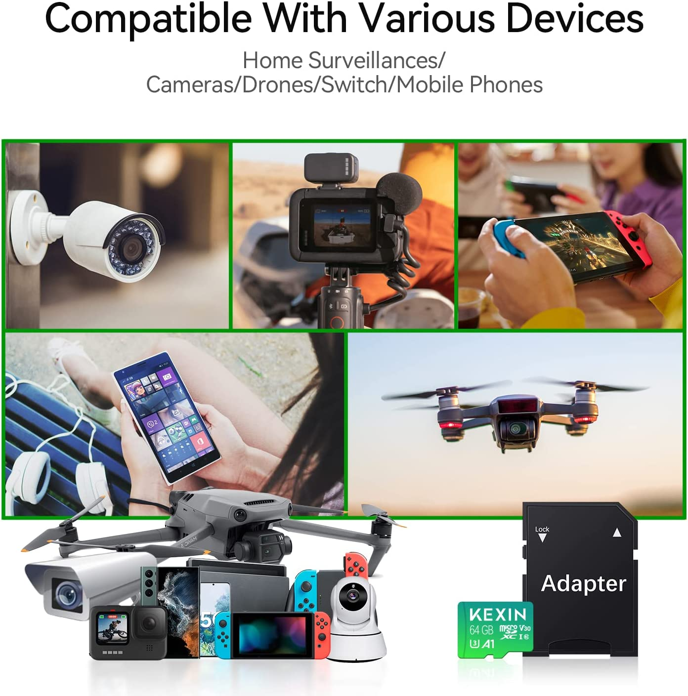 KEXIN Micro SD Card 64GB + SD Adapter Micro SDXC Memory Card Micro SD Card C10, U3, A1, V30 SD Card Memory Card TF Card for Switch, Tablet, Camera, Drone, Mobile Phone, Home Monitor Green Pack of 3 image number 6