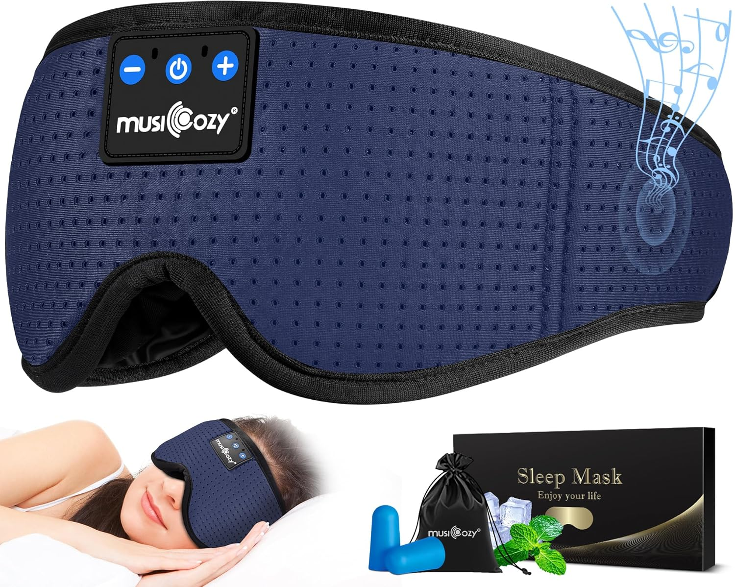 MUSICOZY Sleep Headphones Breathable Bluetooth 5.2 Headband 3D Sleeping Headphones, Wireless Music Eye Mask Sleep Earbuds for Side Sleepers Women Mom Cool Tech Gadgets Unique Gifts - Dark Blue image number 4