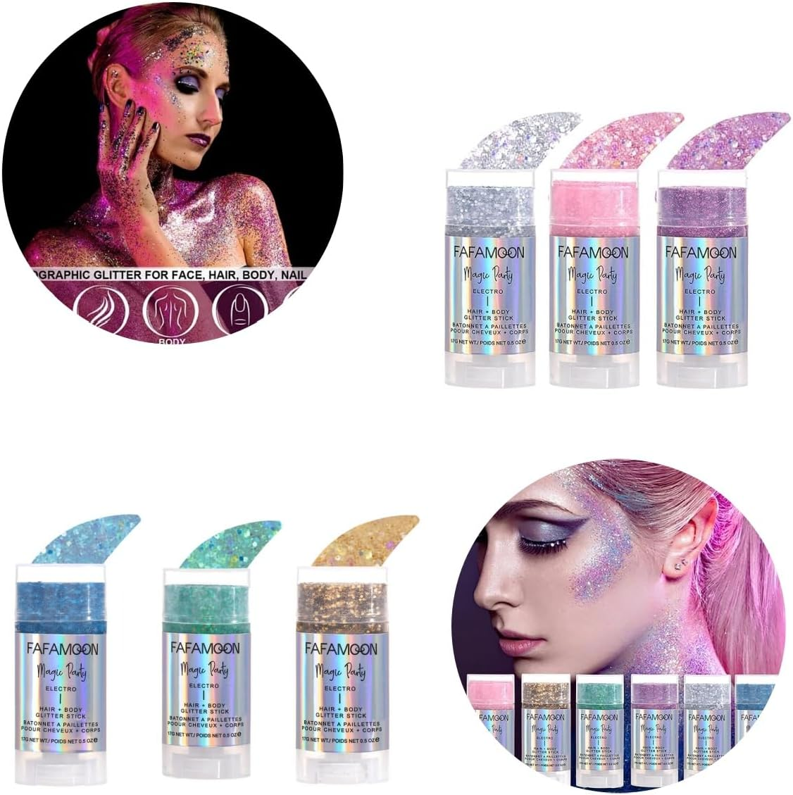 6 Color Chunky Glitter Gel Stick Face & Body Shimmer for Festivals, Makeup & Nail Art | Iridescent Flakes for Eyes, Lips, Hair image number 4