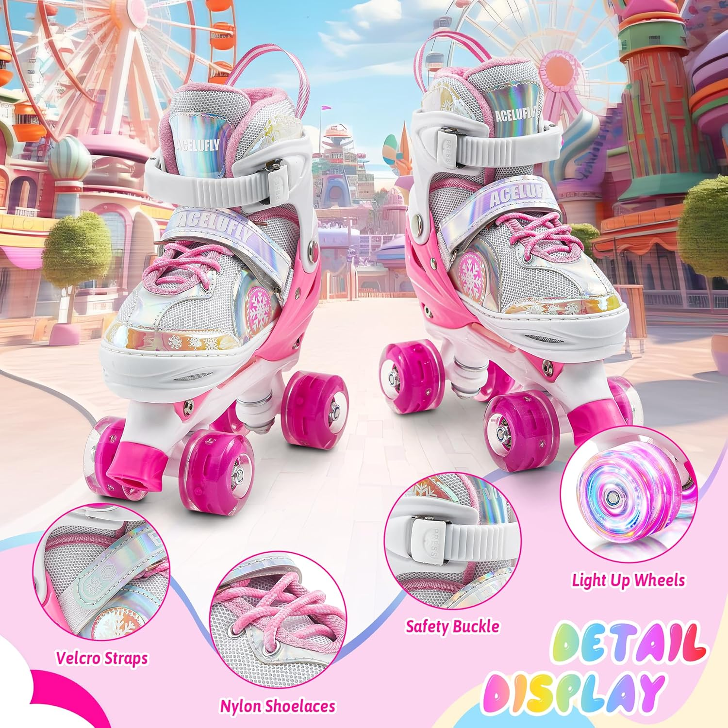 Acelufly Roller Skates for Girls Kids Beginners, Adjustable Quad Skates with All Light up Wheels image number 6