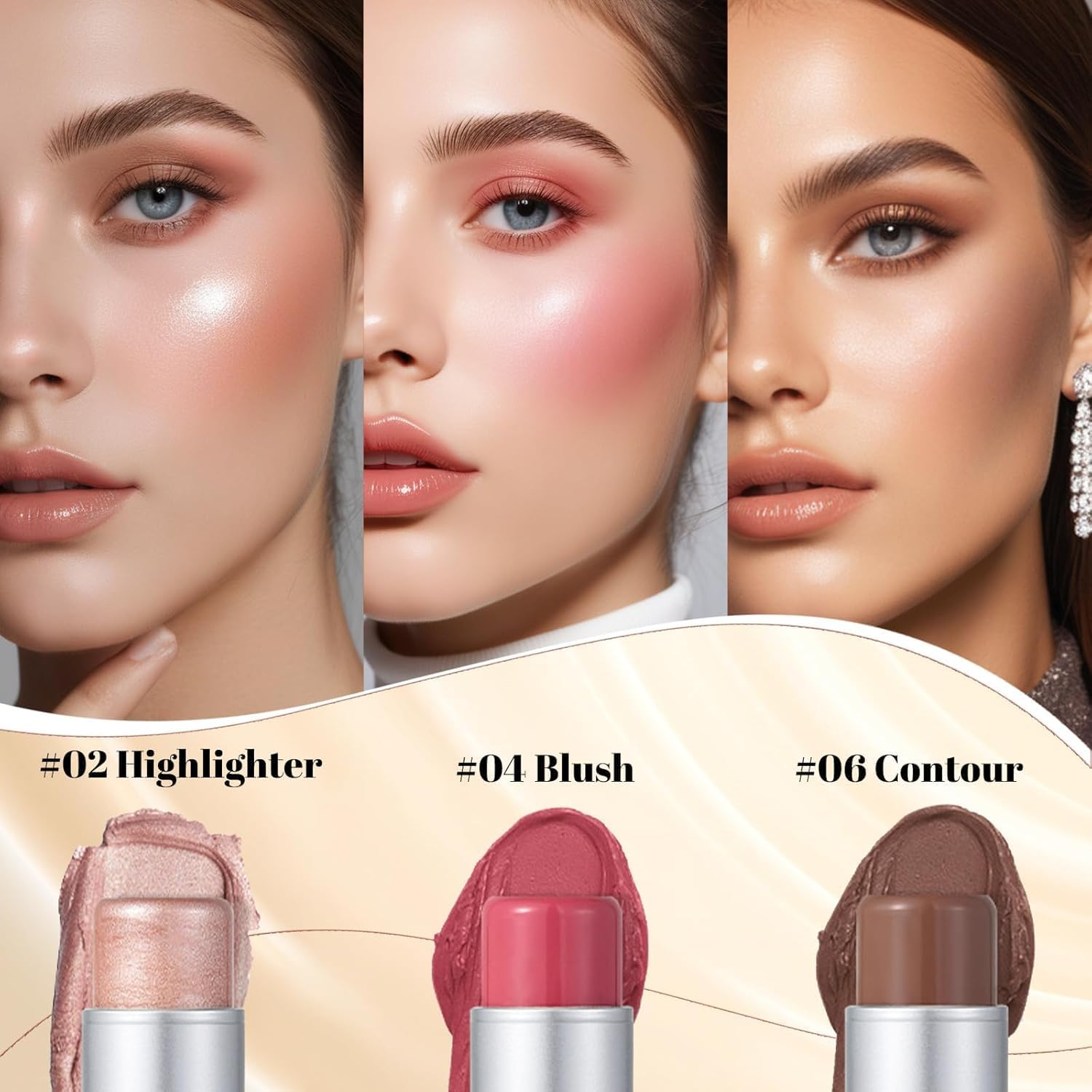 4 Pcs Cream Waterproof Blush Contour Highlighter Stick for Cheeks, Shades with Highlighter & Bronzer & Blush Makeup Stick, Easy to Sculpt the Face and Create a Lightweight Finishing Makeup