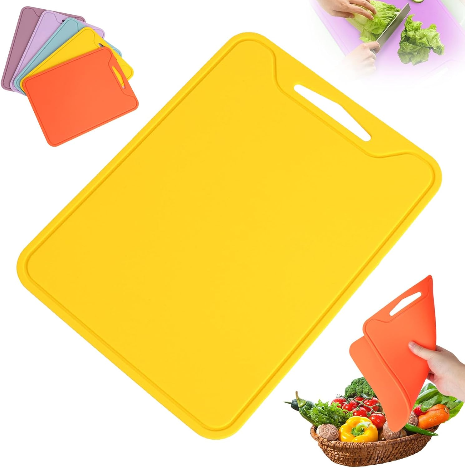 Thick Silicone Cutting Board, Double-Sided, Non-Slip, Juice Groove, Foldable, 11.65In * 8.58In, Yellow, Orange, Lavender, Purple, Blue image number 1