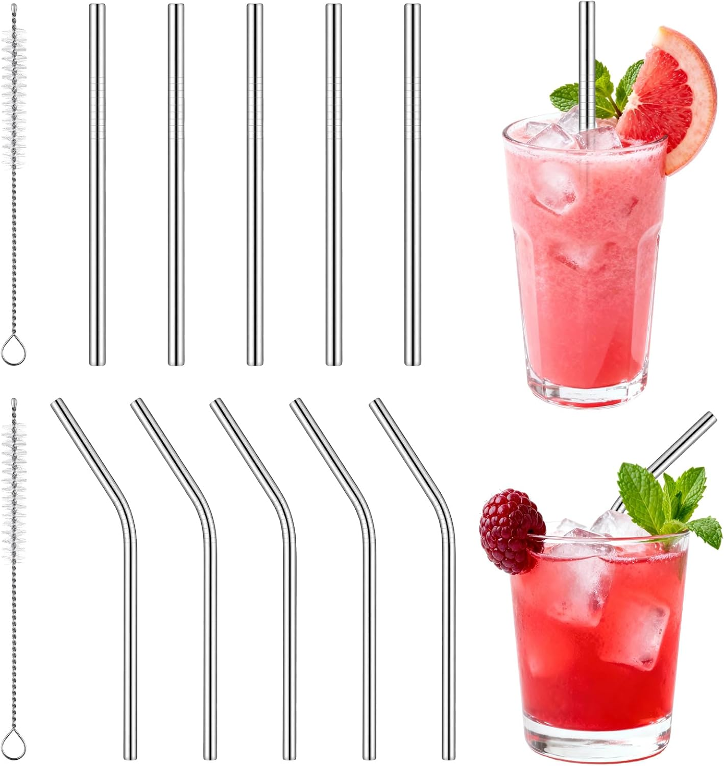 LIQWEI 10Pcs Short Metal Straws, Metal Straws Reusable, Stainless Steel Straw Cocktail Straw with 2 Cleaning Brushes, Bent Cup Accessories for Coffee Mugs, Small Glasses or Cups image number 3