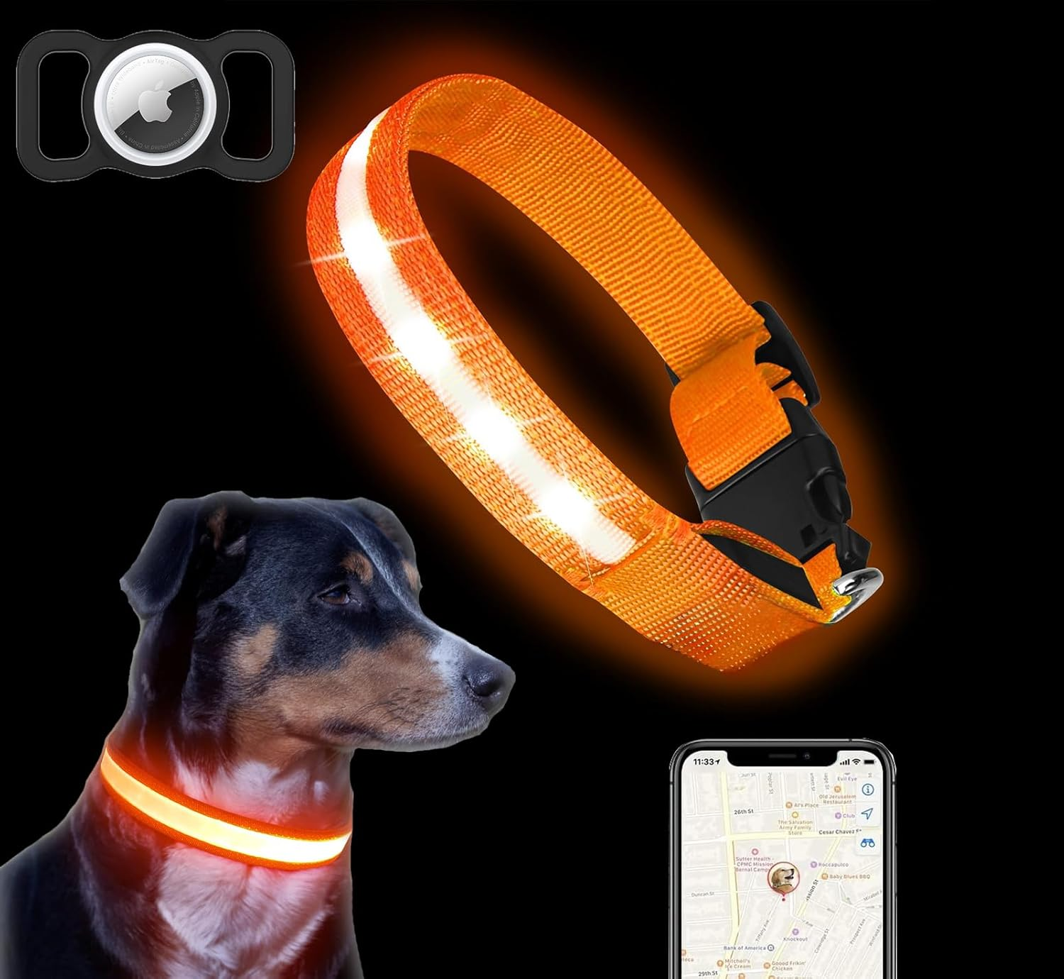 LED Dog Collar,Light up Dog Collars Rechargeable Lighted Dog Collar Glowing Dog Night Walking Collar 3 Colors for Choice(With Airtag Holder)