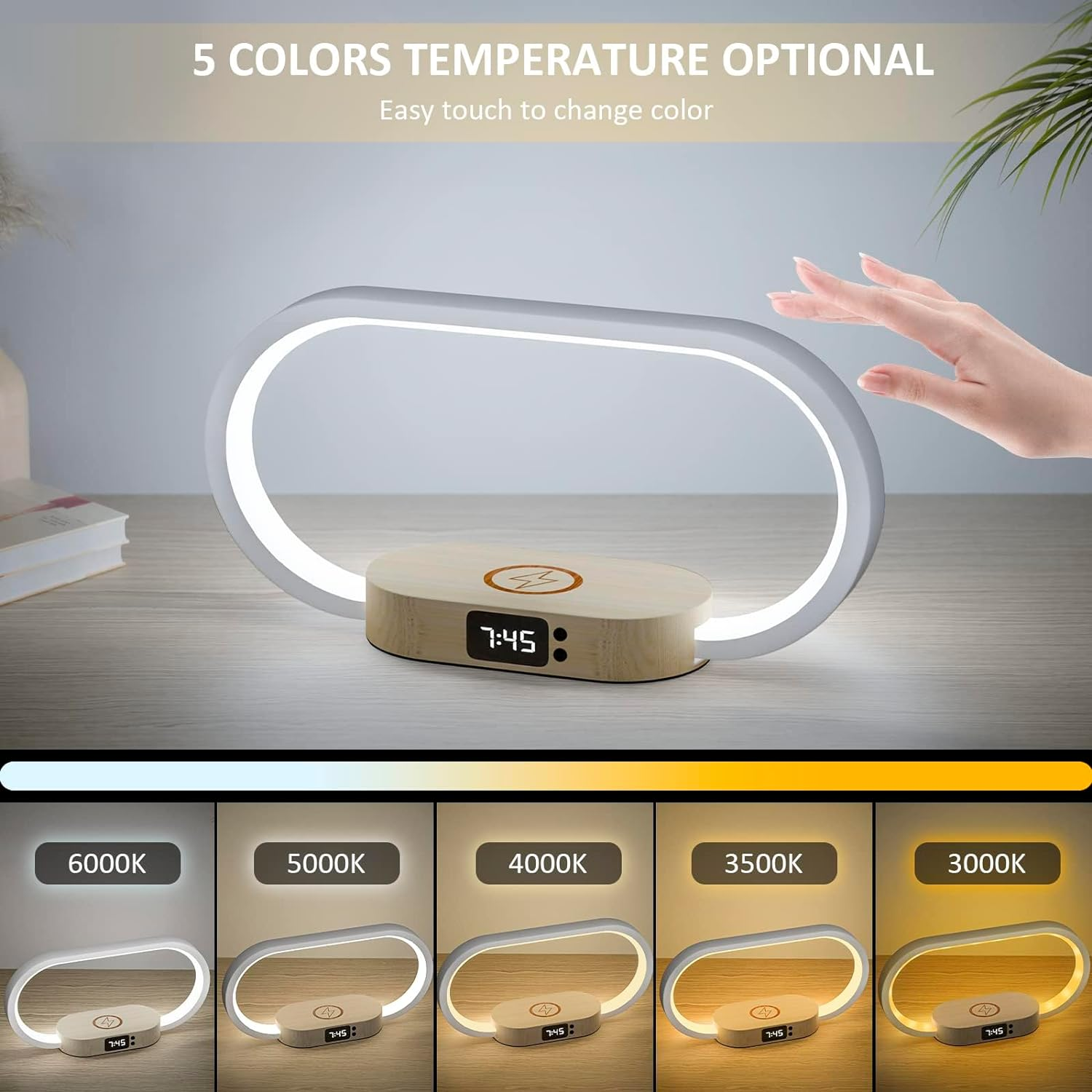 Anyuainiya Bedside Table Lamp with Wireless Charger, Touch Control LED Night Light with Clock & USB Charging Port, 5 Color Modes Dimmable Table Lamp Wooden Small Modern Nightstand Lamp Desk Lamp Gift image number 5