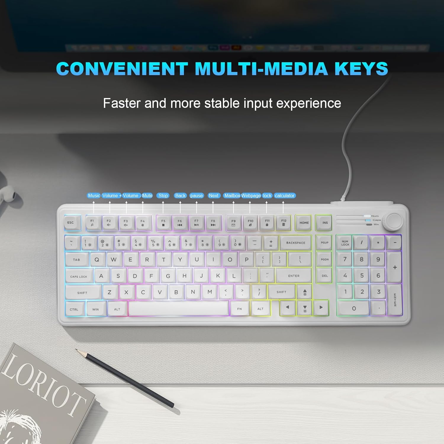 99 Keys RGB Wired Gaming Keyboard with Number Pad Knob,Mechanical Feeling Gaming Keyboard with Multimedia Keys,One-Touch Backlit, Anti-Ghosting, Compatible with PC, Mac, PS4/5, Xbox