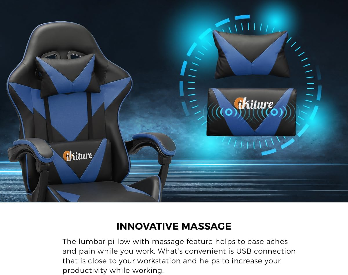 Oikiture Home Gaming Chair Executive Computer Desk Chair with Footrest and Lumbar Pillow Massage Office Chair Black and Blue image number 5