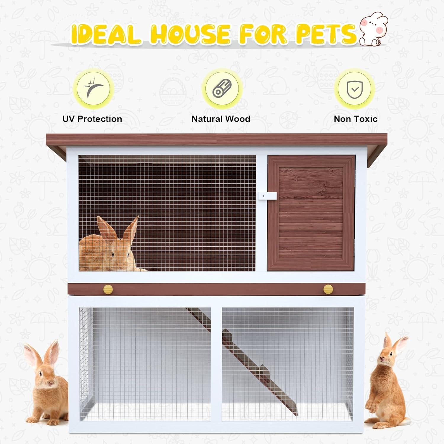 Advwin Rabbit Hutch Bunny Cage, 2 Storey Wooden Chicken Coop Guinea Pig Outdoor Hutch Weatherproof, with Removable Trays for Small Animals, 90L X 45W X 80Hcm - Brown image number 6