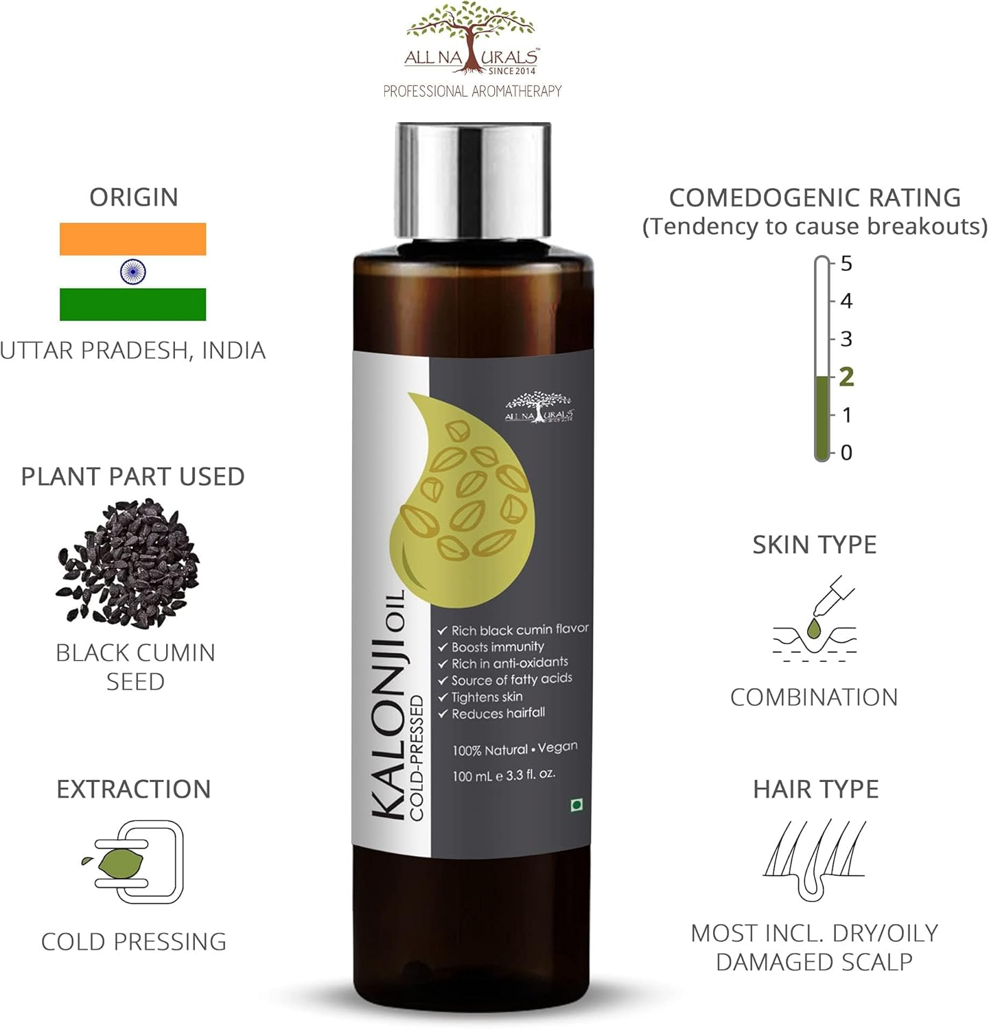 All Naturals 100% Pure Kalonji (Black Seed) Oil Cold-Pressed for Skin Toning, Hair Growth & Joints Massage - 200Ml image number 2