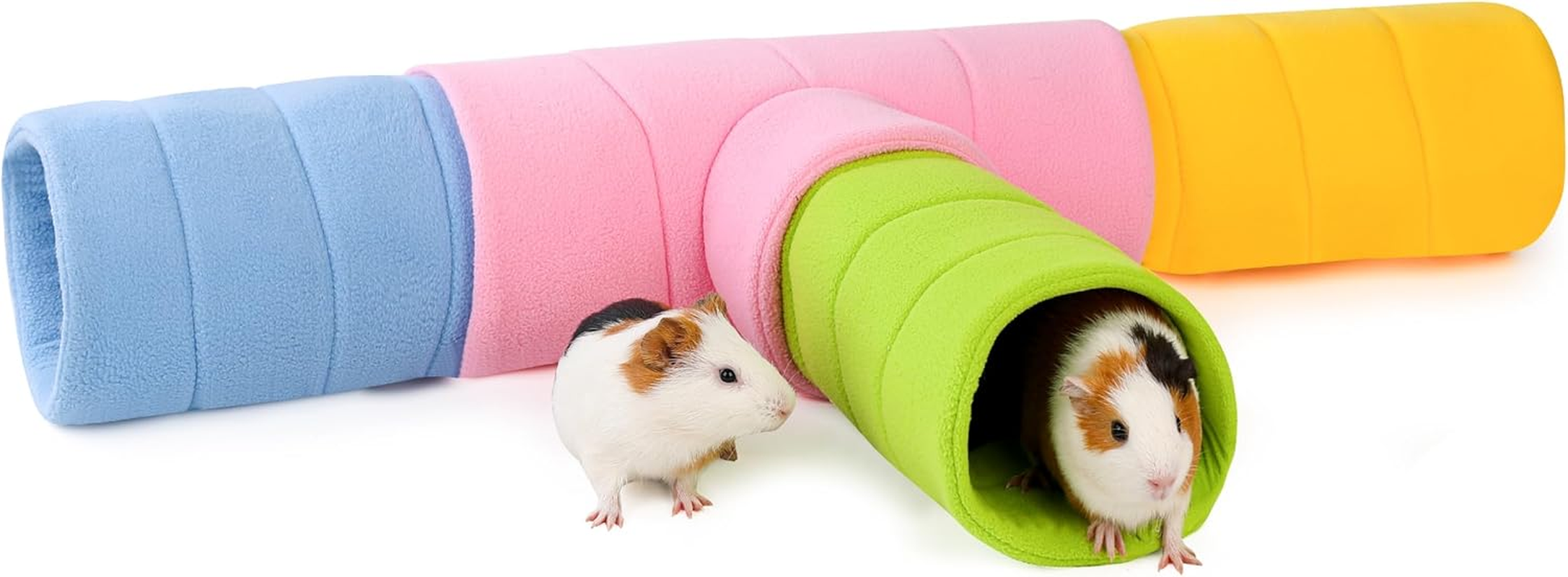 ONEJU Guinea Pig Tunnel, Four Stackable Tunnel for Guinea Pig, One Pink Guinea Pig 3-Way Tunnel and Three Different Color Guinea Pig 2-Way Play Tube, Pink, Blue, Green and Yellow image number 3