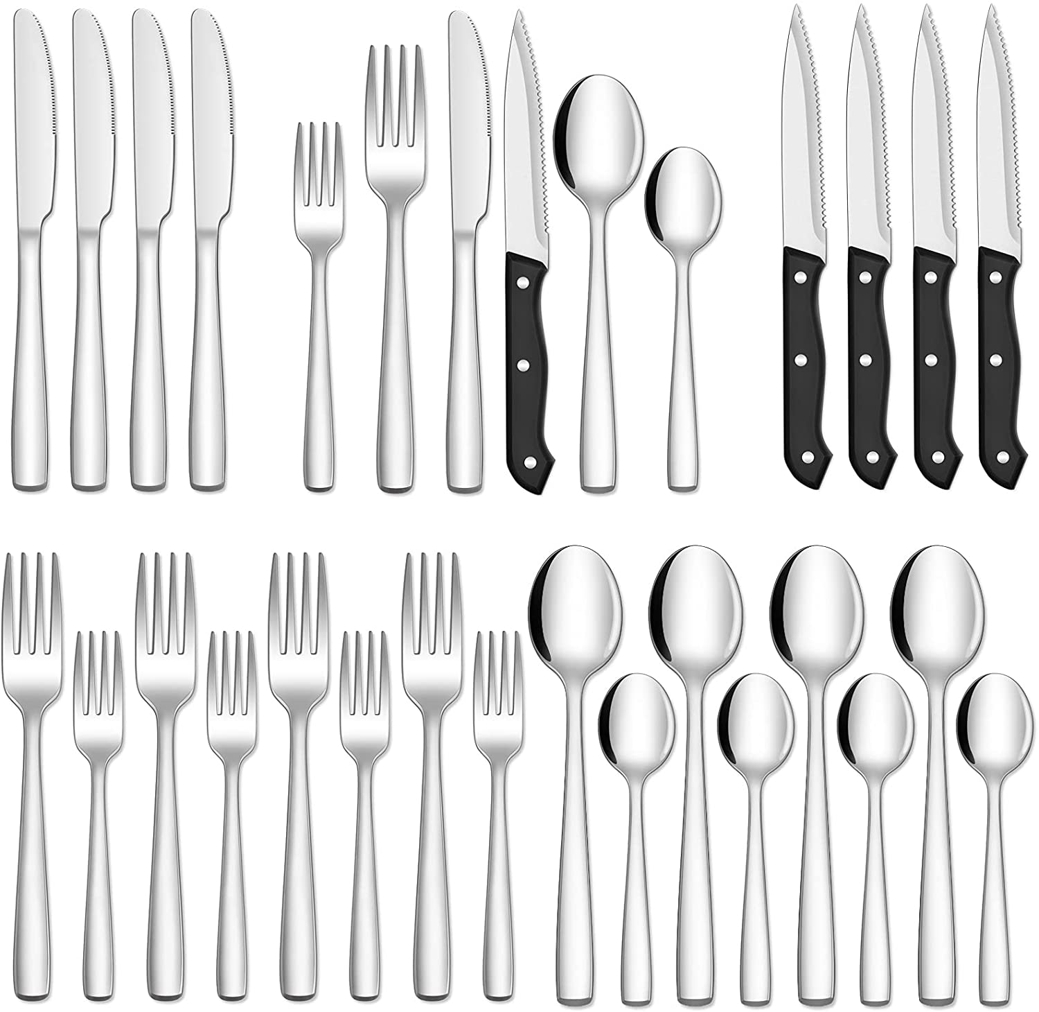 Hiware 24 Pieces Matte Black Silverware Set with Steak Knives for 4, Stainless Steel Flatware Cutlery Set, Hand Wash Recommended