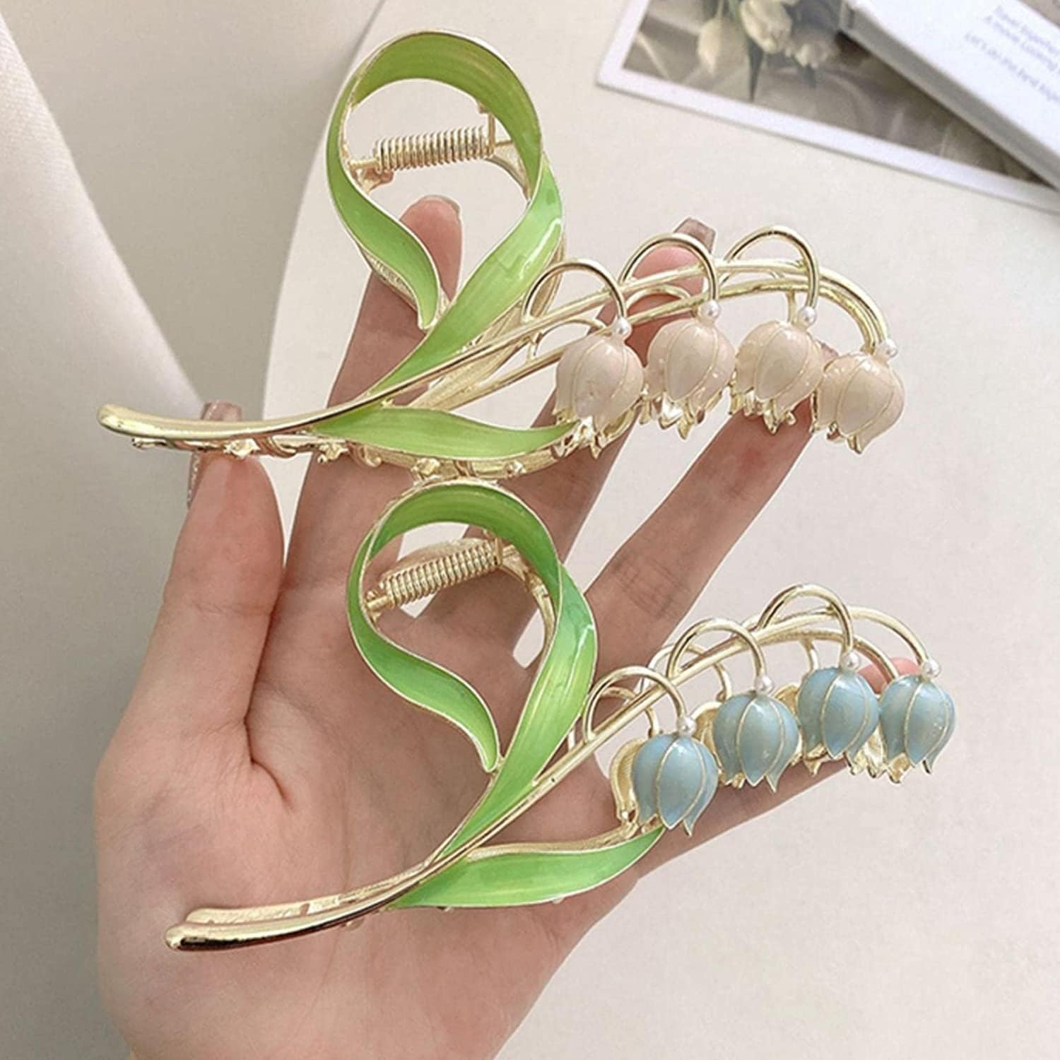 Pink Lily of the Valley Flower Hair Clips, Large Metal Claw Clip,Orchid Clamps,Lily Jaw Clamp Styling Accessories for Thick Thin,Clips and Barrettes image number 6