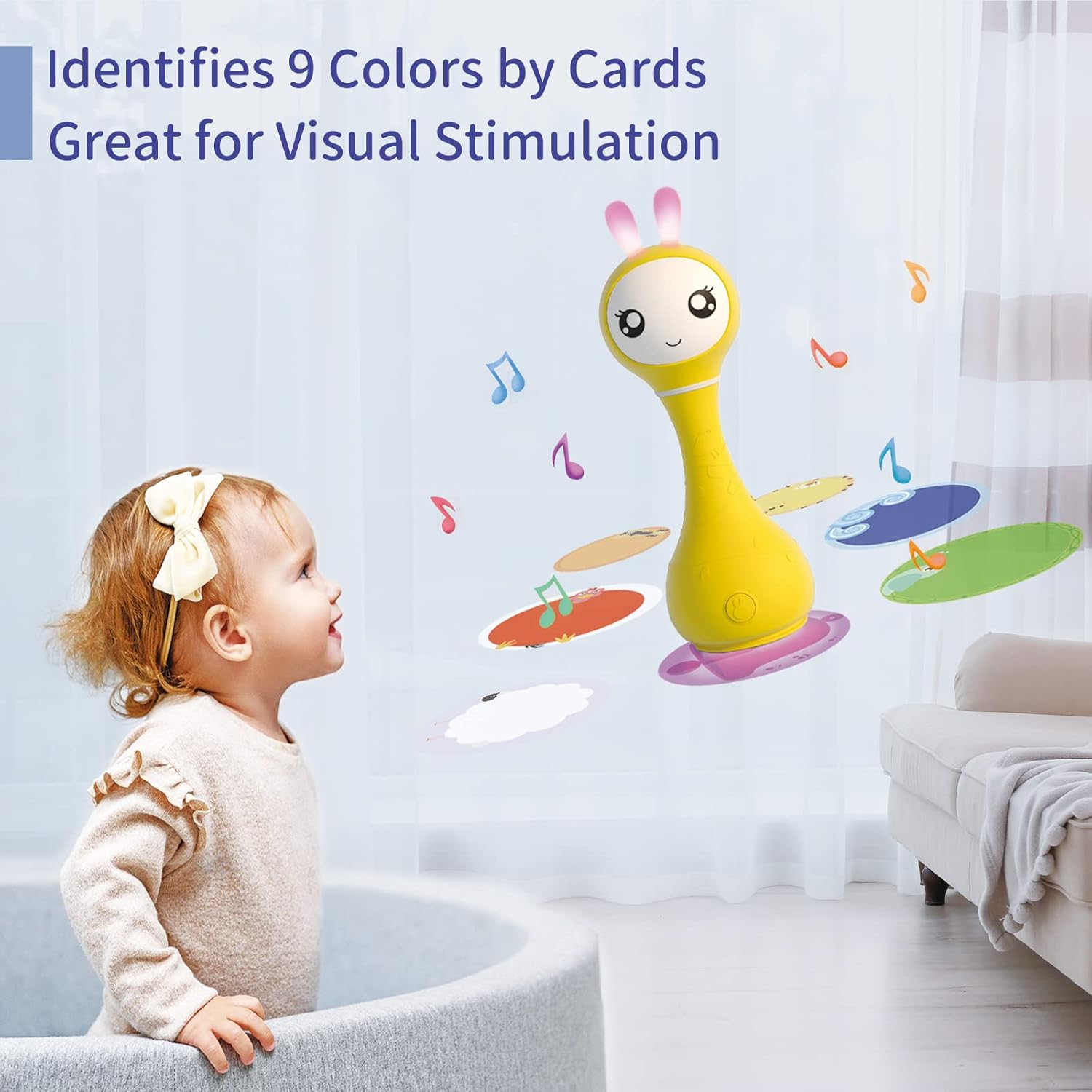 Alilo Smarty Rattle R1 Baby Toy &ndash; Interactive Sound & Light Rattle for Infants 0&ndash;24 Months | Bpa-Free Silicone | Musical Learning Toy with Stories, Colour Recognition & Soothing Lights (Yellow) - Blue image number 4