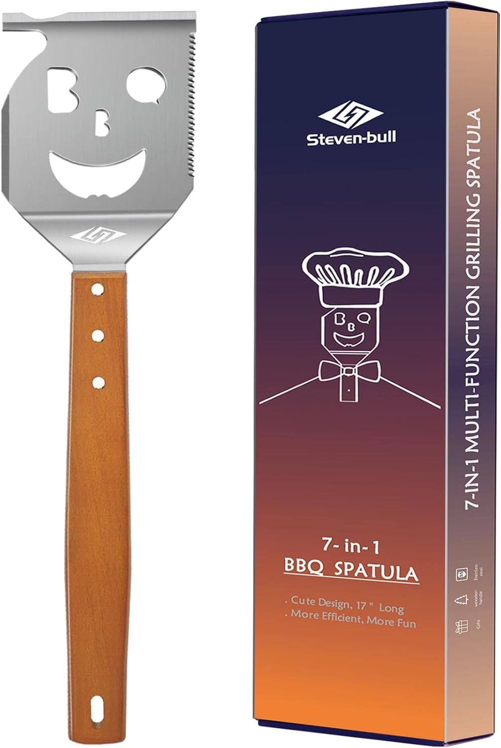 Grill Spatula for Outdoor Grill, 7-In-1 BBQ Spatula for Grill, 17 Inch Long Barbecue Tool, Perfect BBQ Gifts for Men (Color Box Packaging) image number 6