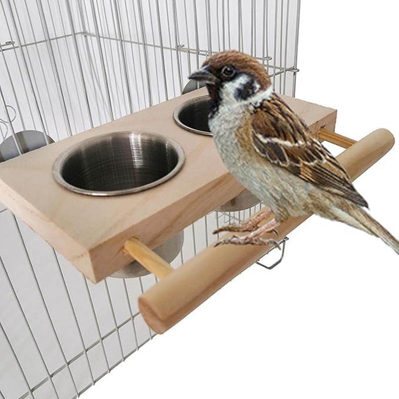 THJOPOKEEL Bird Food Stainless Steel Cup with Wooden Perch Hanging Feeder Double Bowl Parrot Feeding Tray and Water Feeding Cup with Stand, Food Water Feeder Cage Accessory Easy to Install