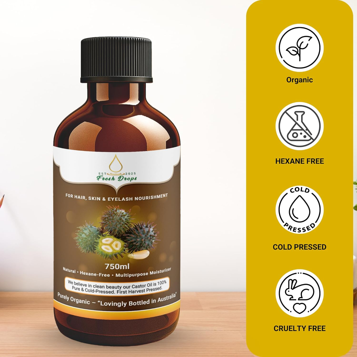Fresh Drops Organic Castor Oil 750Ml, Pure Cold Pressed, Hexane Free, Stimulate Growth for Eyelashes, Eyebrows, and Hair, Smooth Face, and Skin,Eyelashes Serum | Free 30 Ml Castor Oil Sample Glass Bottle,Eyelashes Brush image number 6