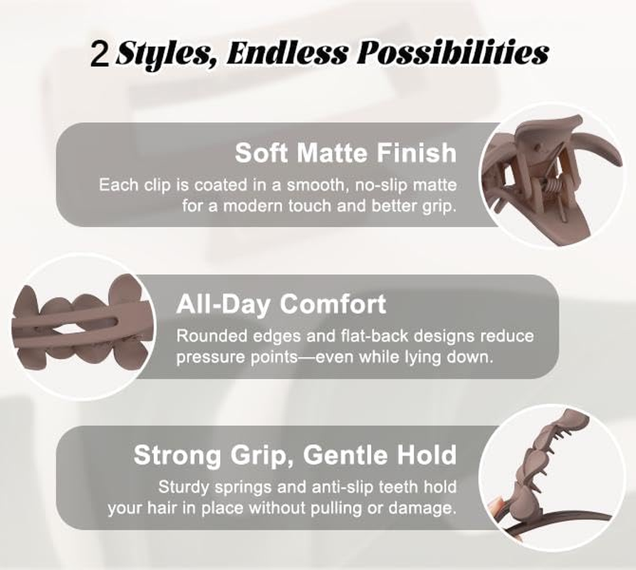 6PCS Matte Flat Hair Clips for Women Girls, 2 Styles Durable Flat Hair Claw Clips for All Hair Types, Durable No Slip Flower Lay Claw Barrettes（Light Coffee, Dark Coffee and Black） image number 6