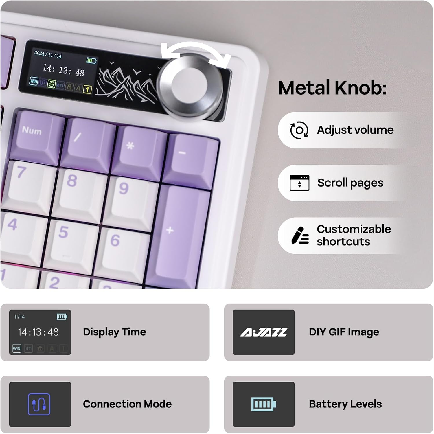 Mechlands AJAZZ AK980 96% Usb-C/Bt5.0/2.4Ghz Wireless Gaming Keyboard with 1.14&rsquo;&rsquo; TFT Screen, Hot Swappable Creamy Mechanical Keyboard with FR4 Plate, Knob, RGB for Win/Mac (White, Gift V2 Switch) image number 5