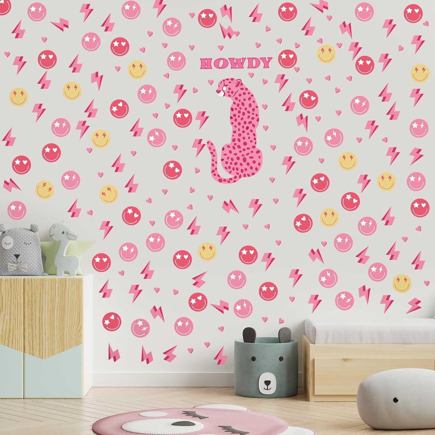 Kisston 9 Sheets Preppy Pink Wall Decal Hot Aesthetic Howdy Smile Face Lightning Vinyl Wall Decals Pink Cheetah Murals Decal for College Students Girls Pink Dorm Bedroom Living Room Nursery Decoration - Bright image number 2