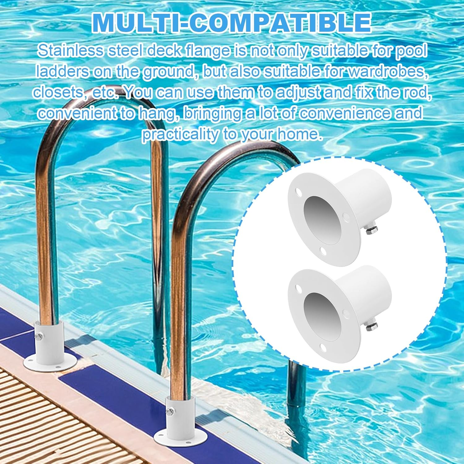 Pool Handrail Deck Flange, Stainless Steel White Deck Flange Rod End Bracket Cast for above Ground Pool Ladder Anchor Mounting Flange 1.5" (2 Pack) image number 2